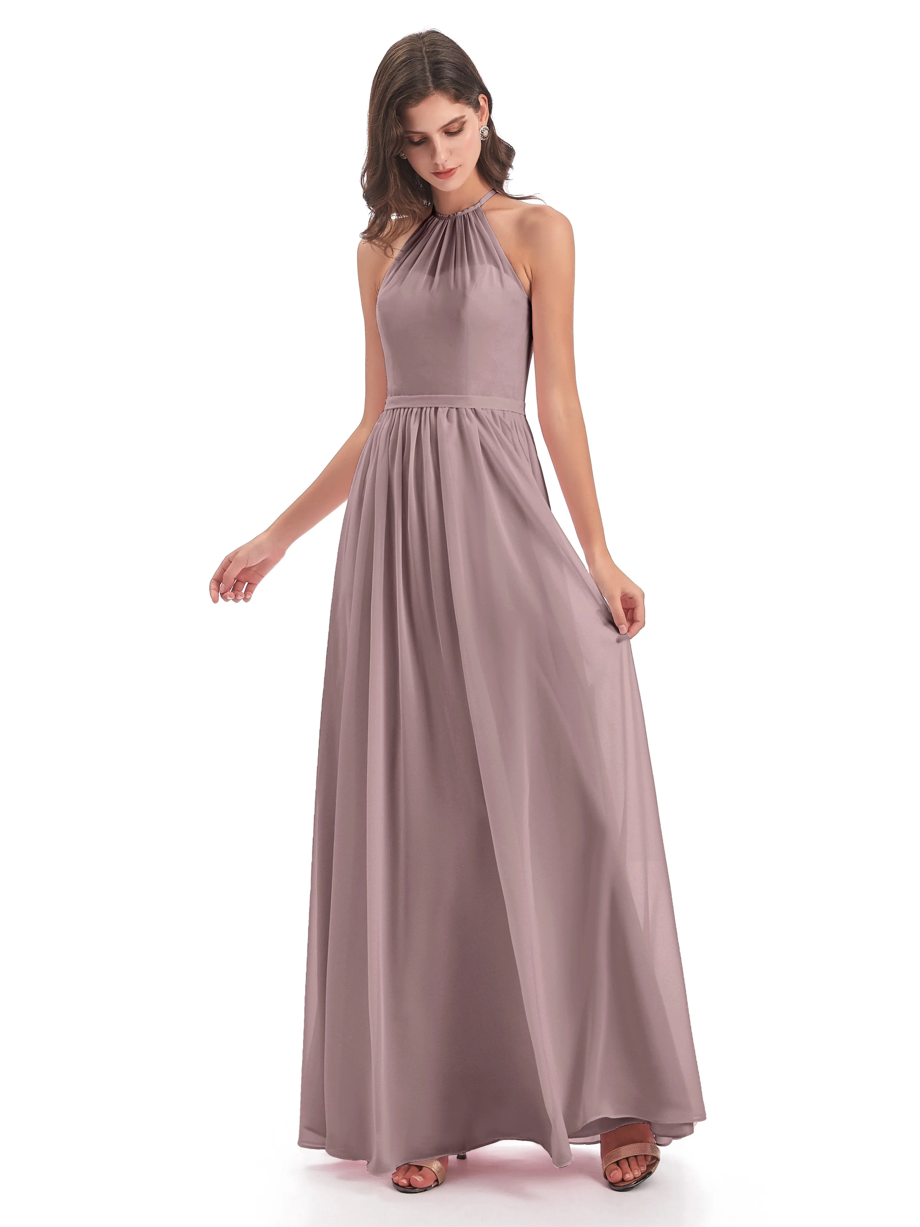 Mila Dazzling Chiffon Halter Floor Length Bridesmaid Dresses