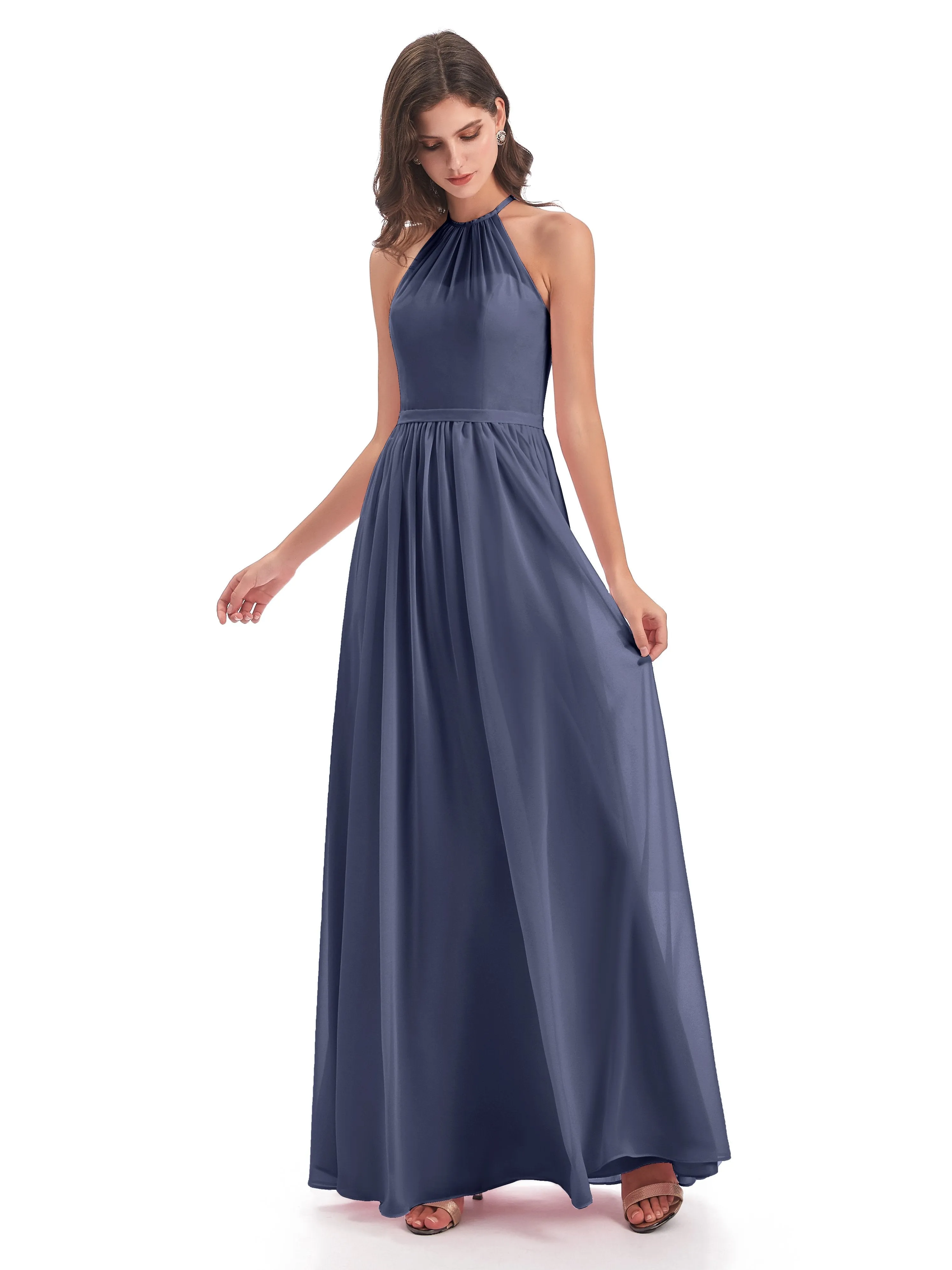 Mila Dazzling Chiffon Halter Floor Length Bridesmaid Dresses