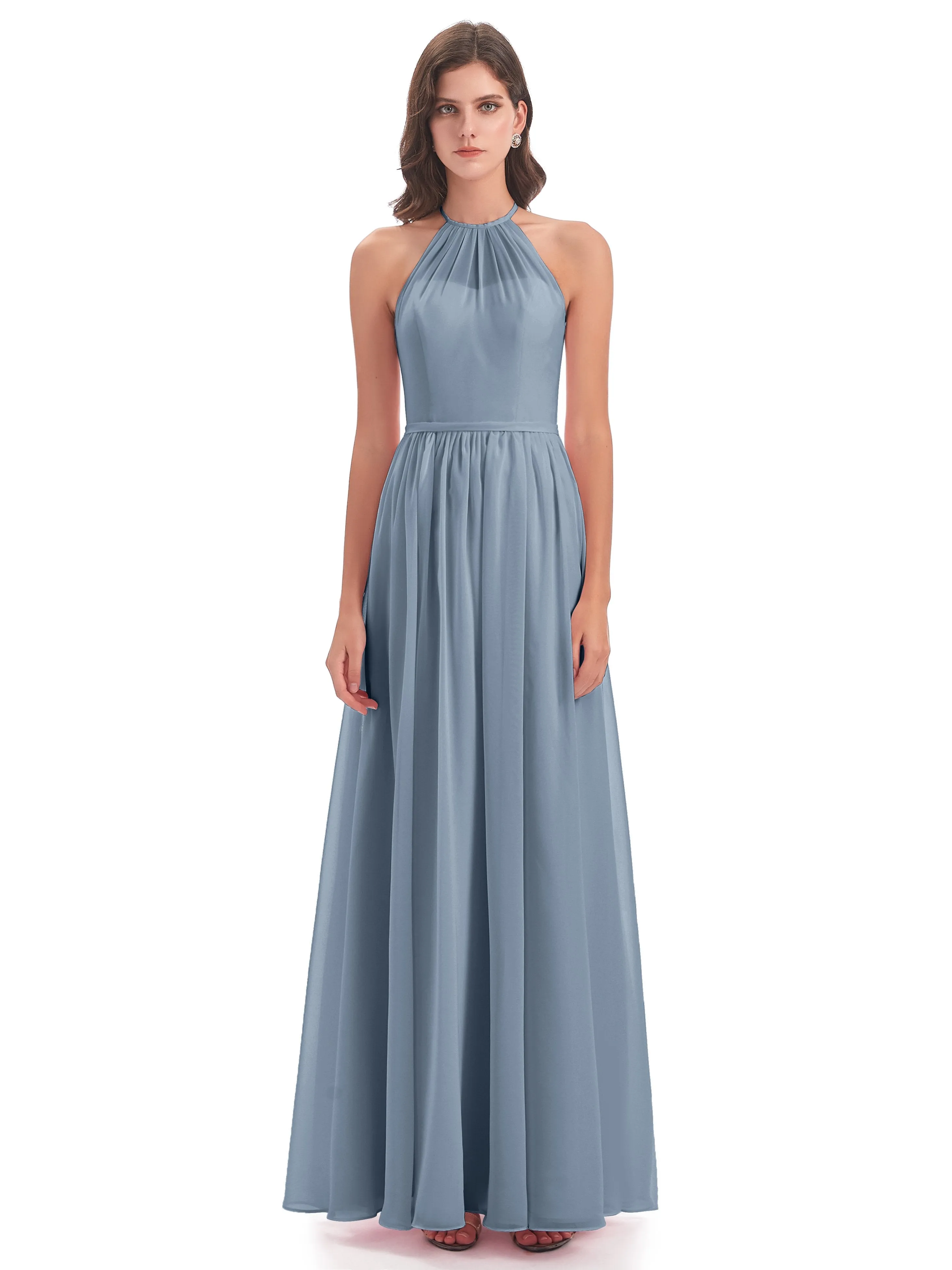 Mila Dazzling Chiffon Halter Floor Length Bridesmaid Dresses