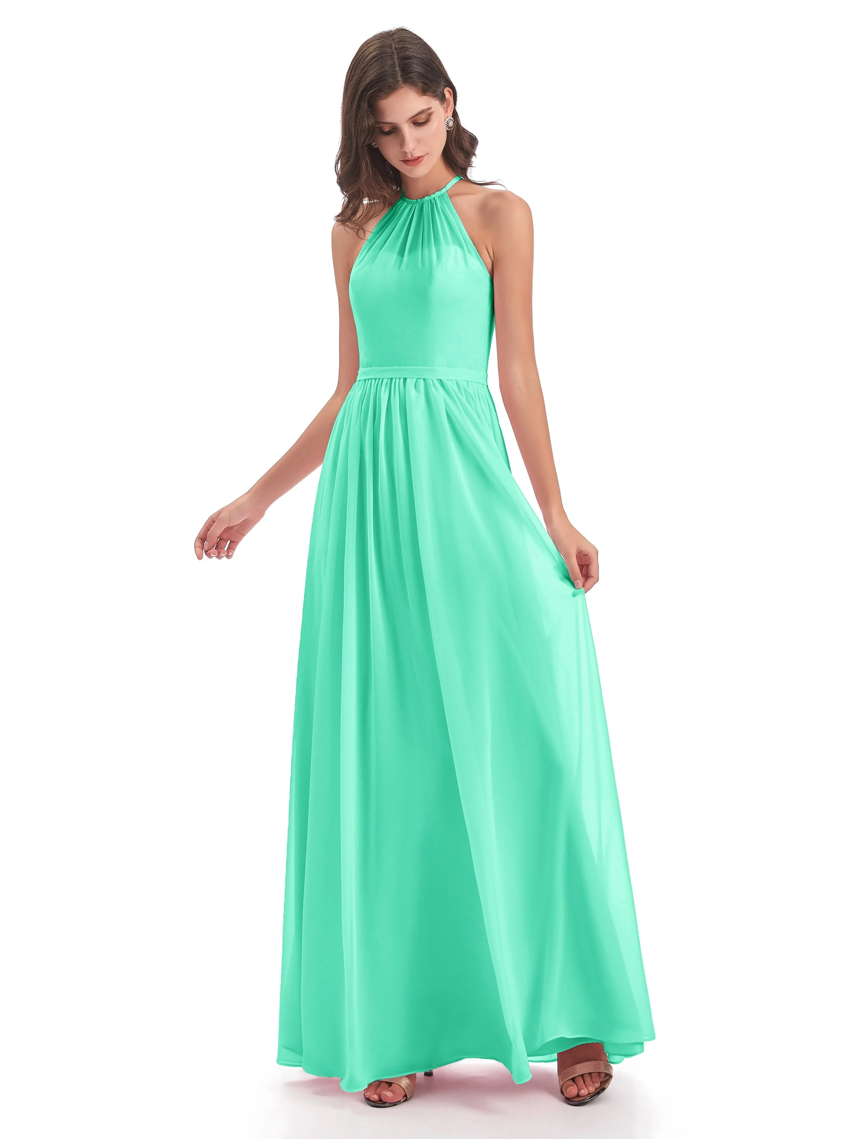 Mila Dazzling Chiffon Halter Floor Length Bridesmaid Dresses