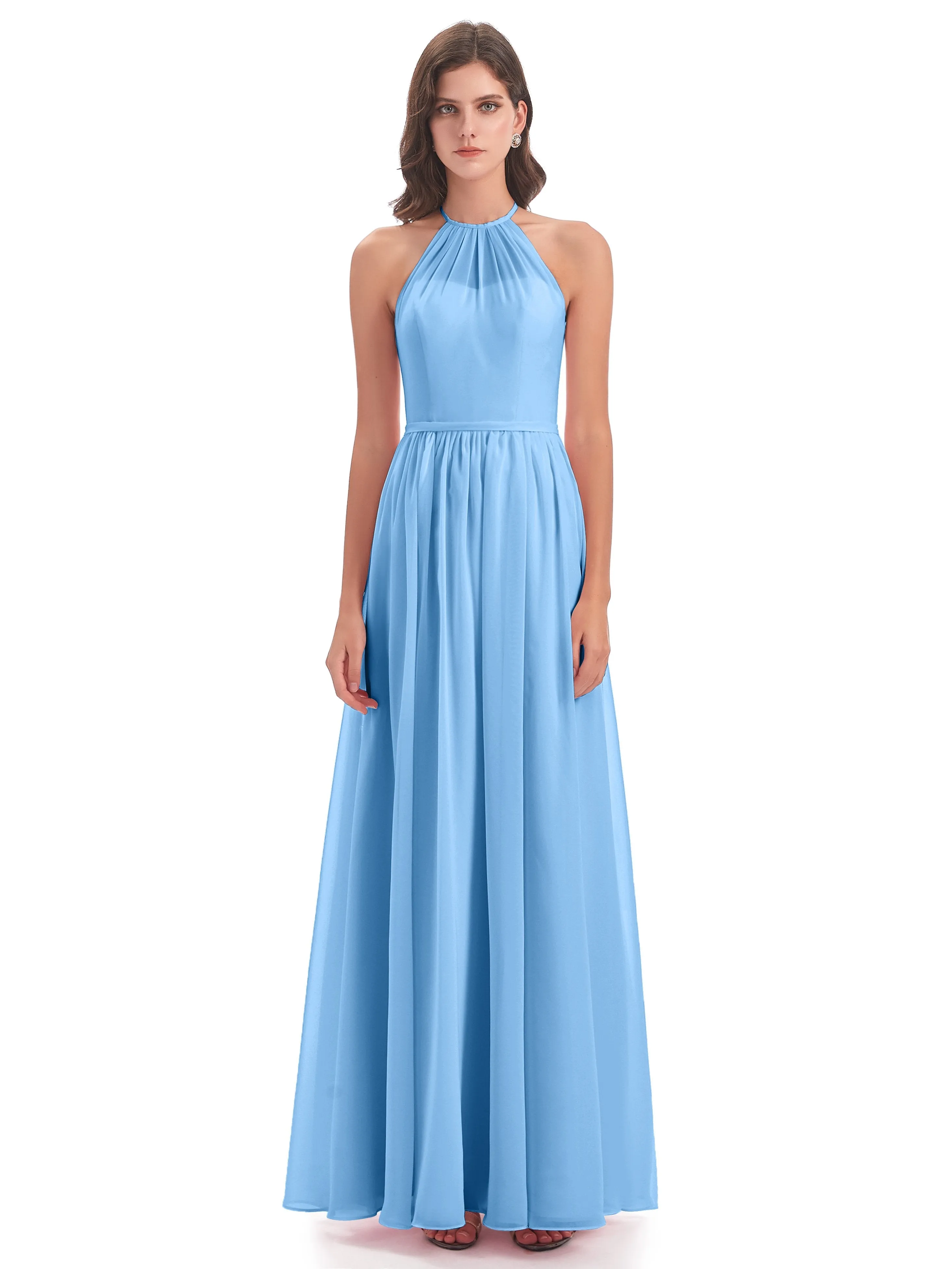 Mila Dazzling Chiffon Halter Floor Length Bridesmaid Dresses