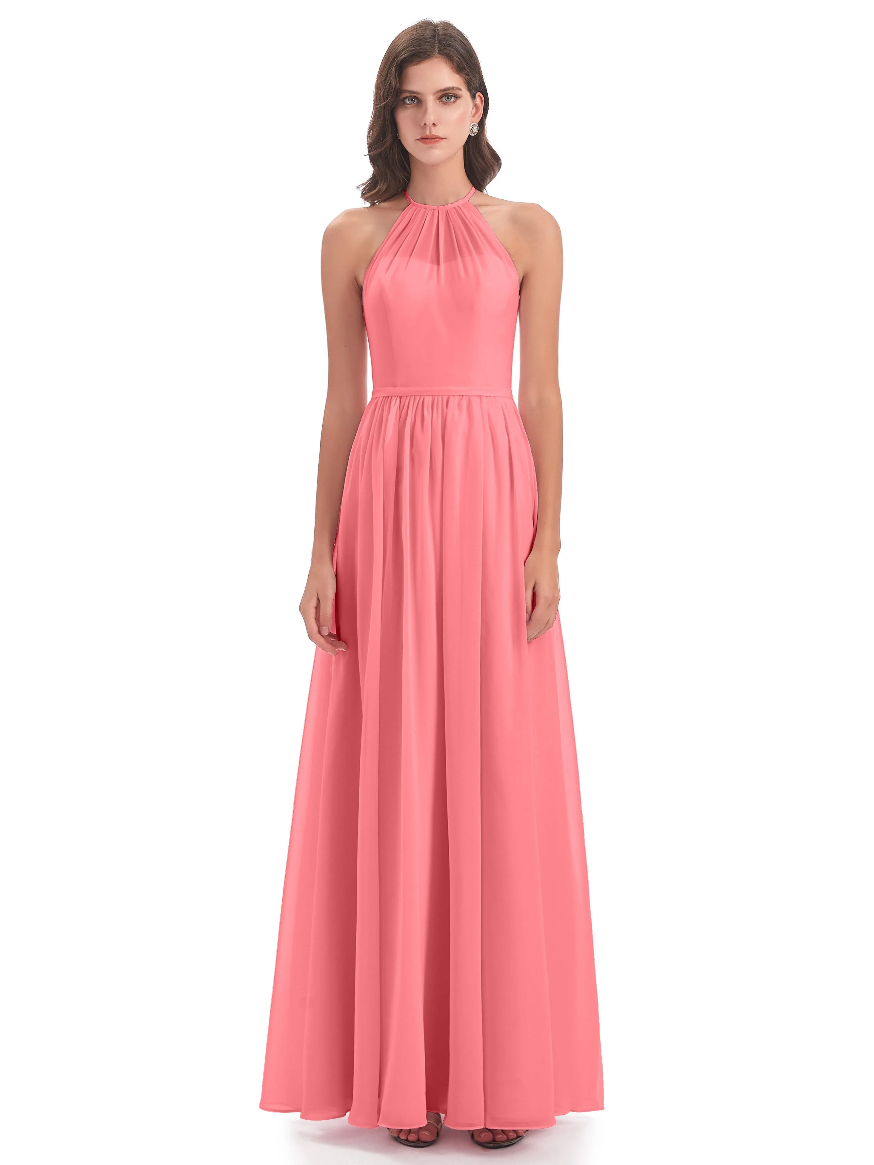 Mila Dazzling Chiffon Halter Floor Length Bridesmaid Dresses