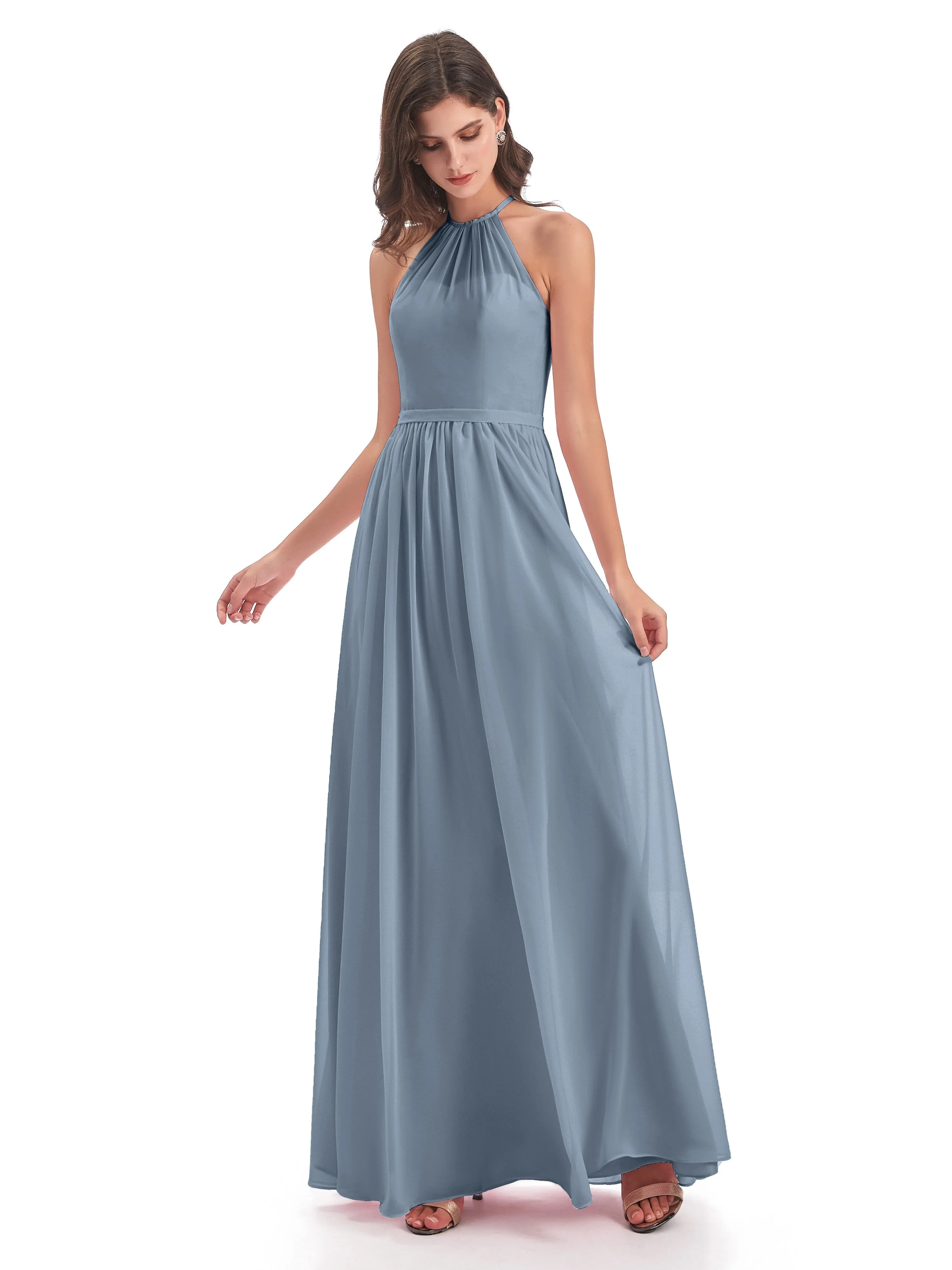 Mila Dazzling Chiffon Halter Floor Length Bridesmaid Dresses