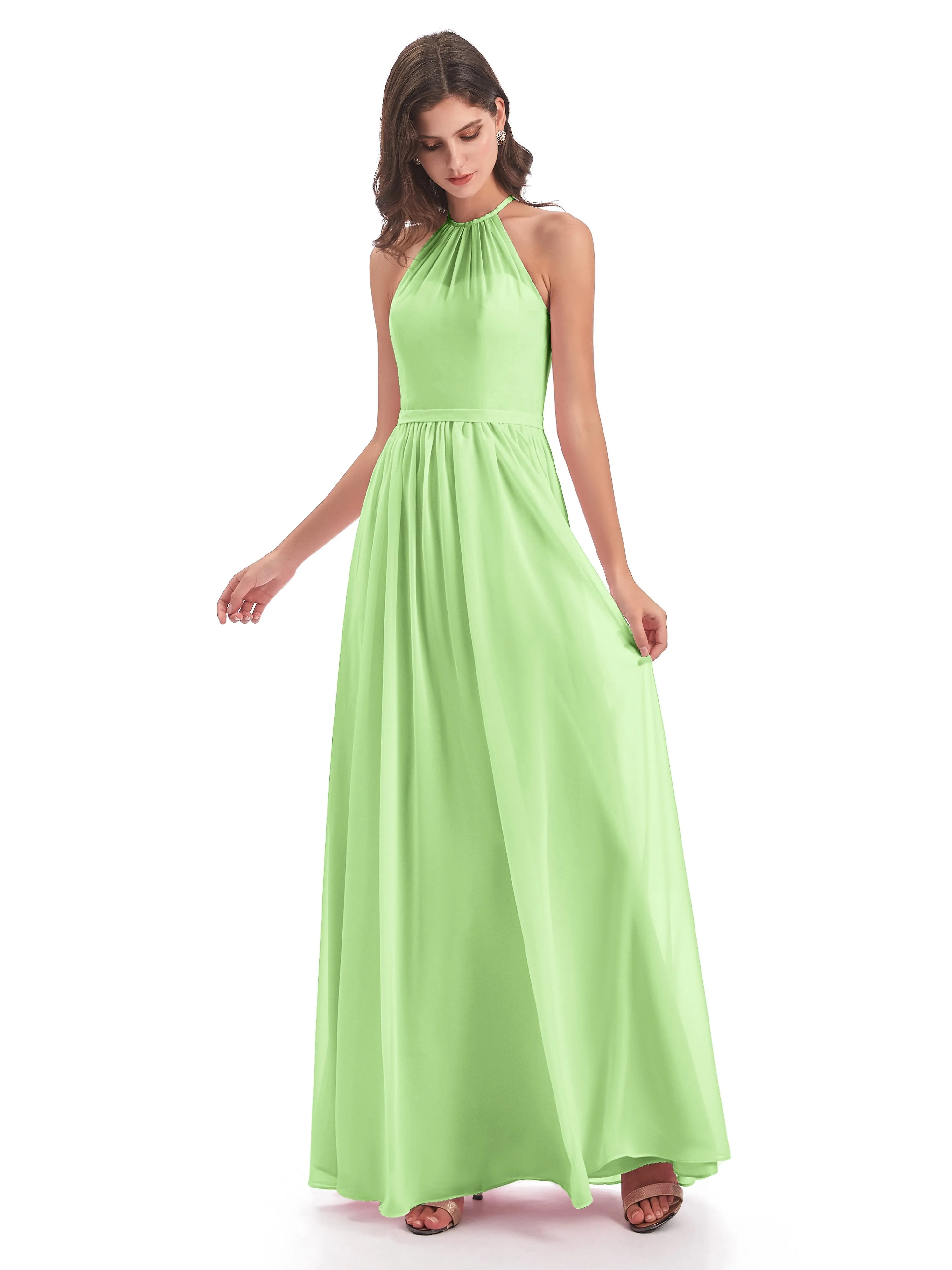 Mila Dazzling Chiffon Halter Floor Length Bridesmaid Dresses