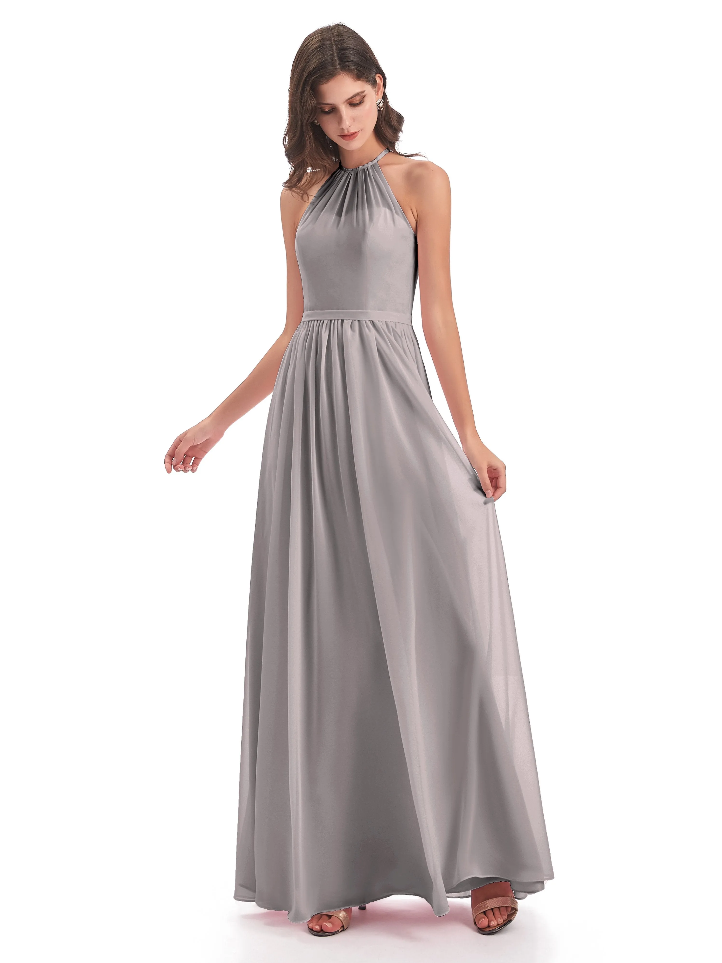 Mila Dazzling Chiffon Halter Floor Length Bridesmaid Dresses