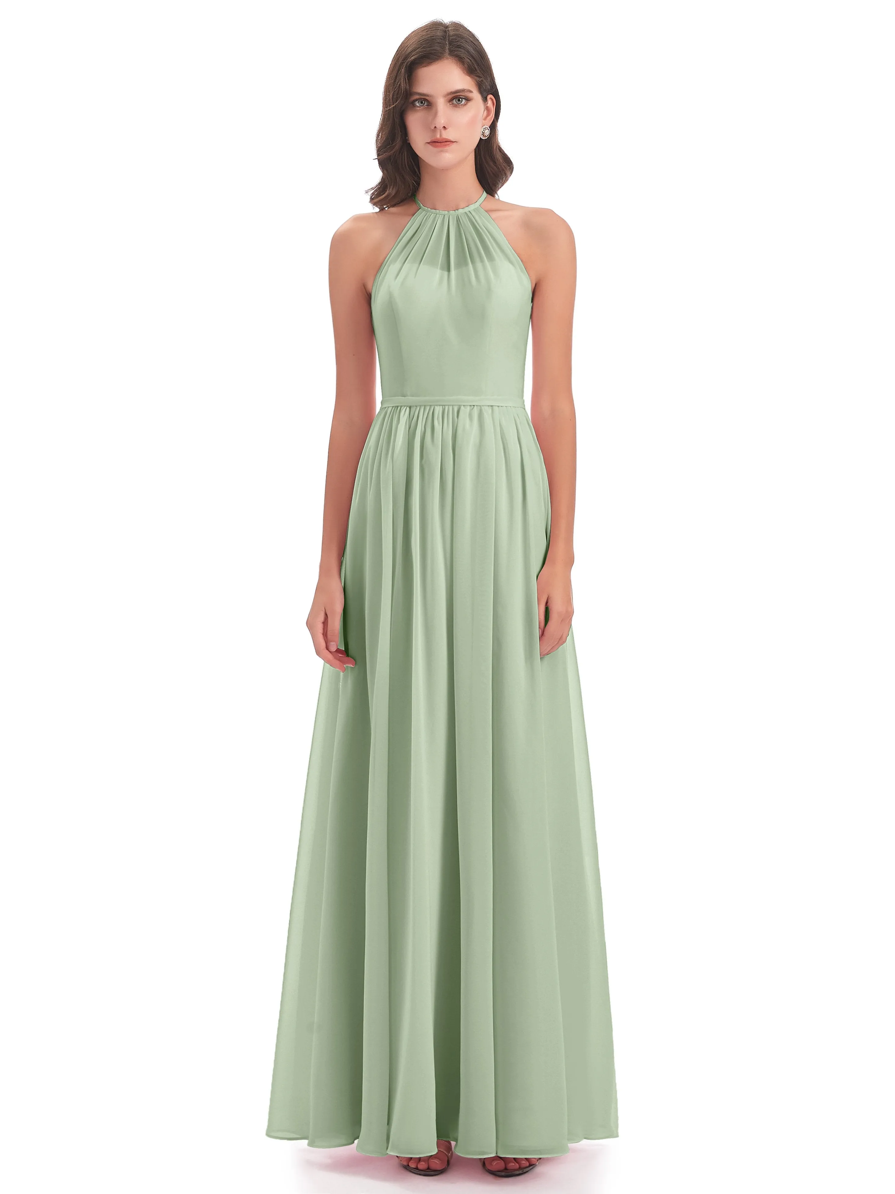 Mila Dazzling Chiffon Halter Floor Length Bridesmaid Dresses