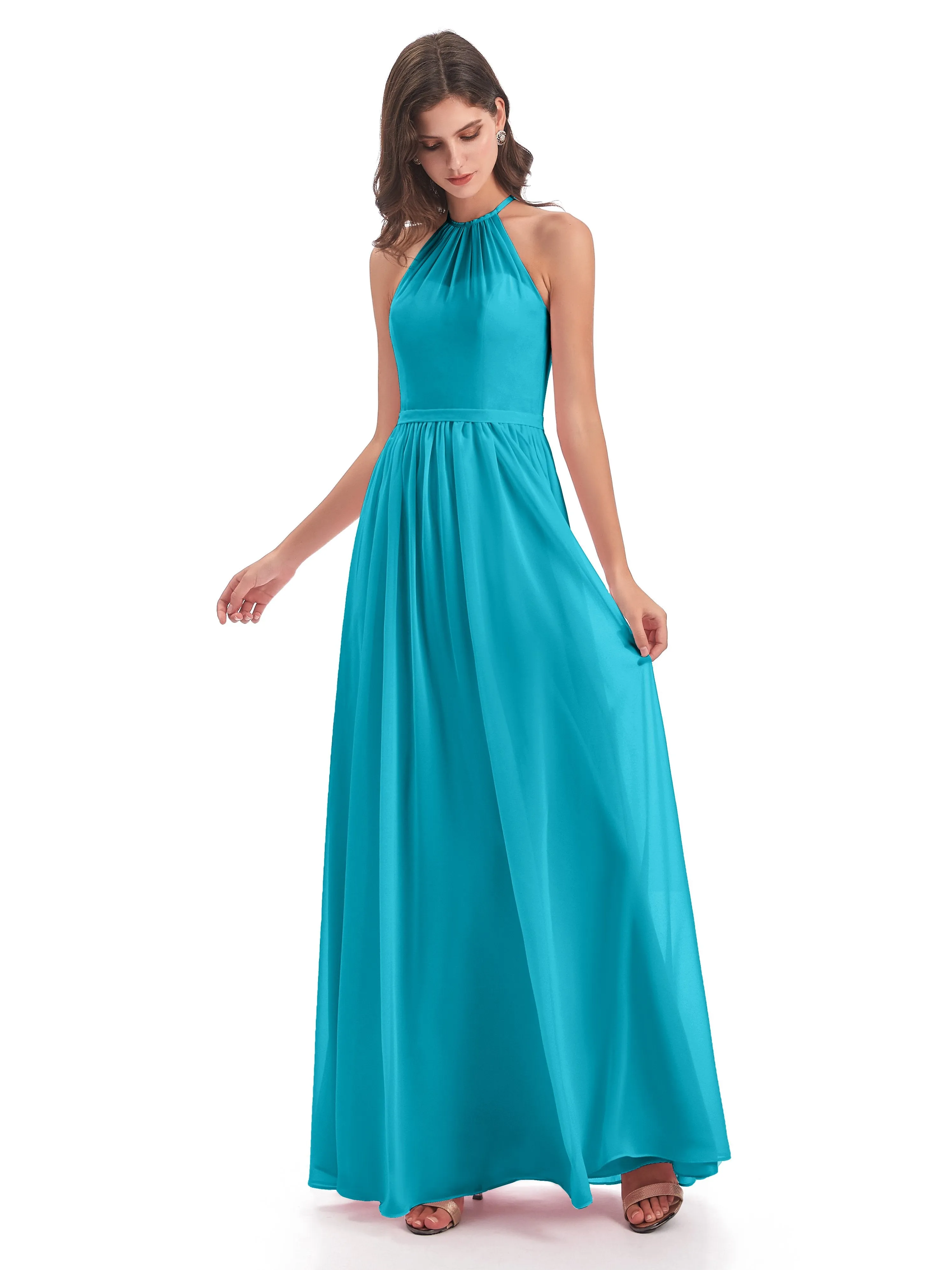 Mila Dazzling Chiffon Halter Floor Length Bridesmaid Dresses