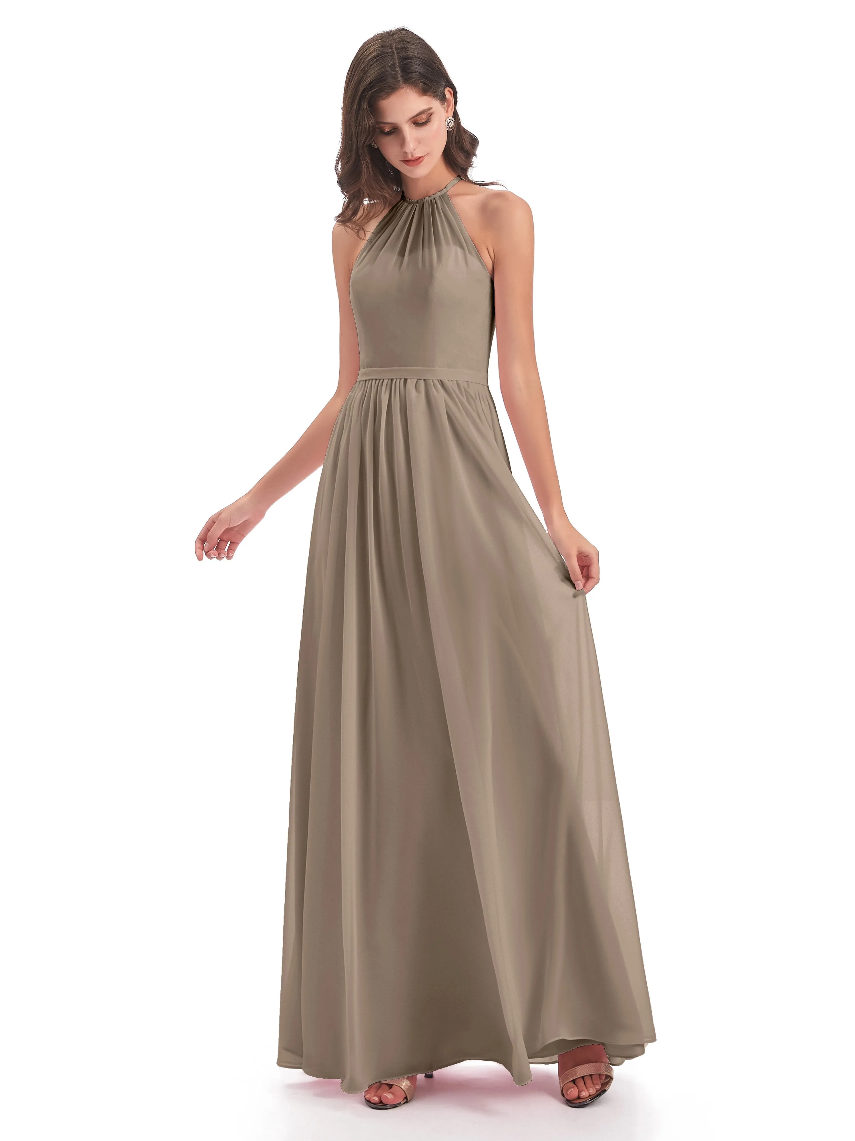 Mila Dazzling Chiffon Halter Floor Length Bridesmaid Dresses