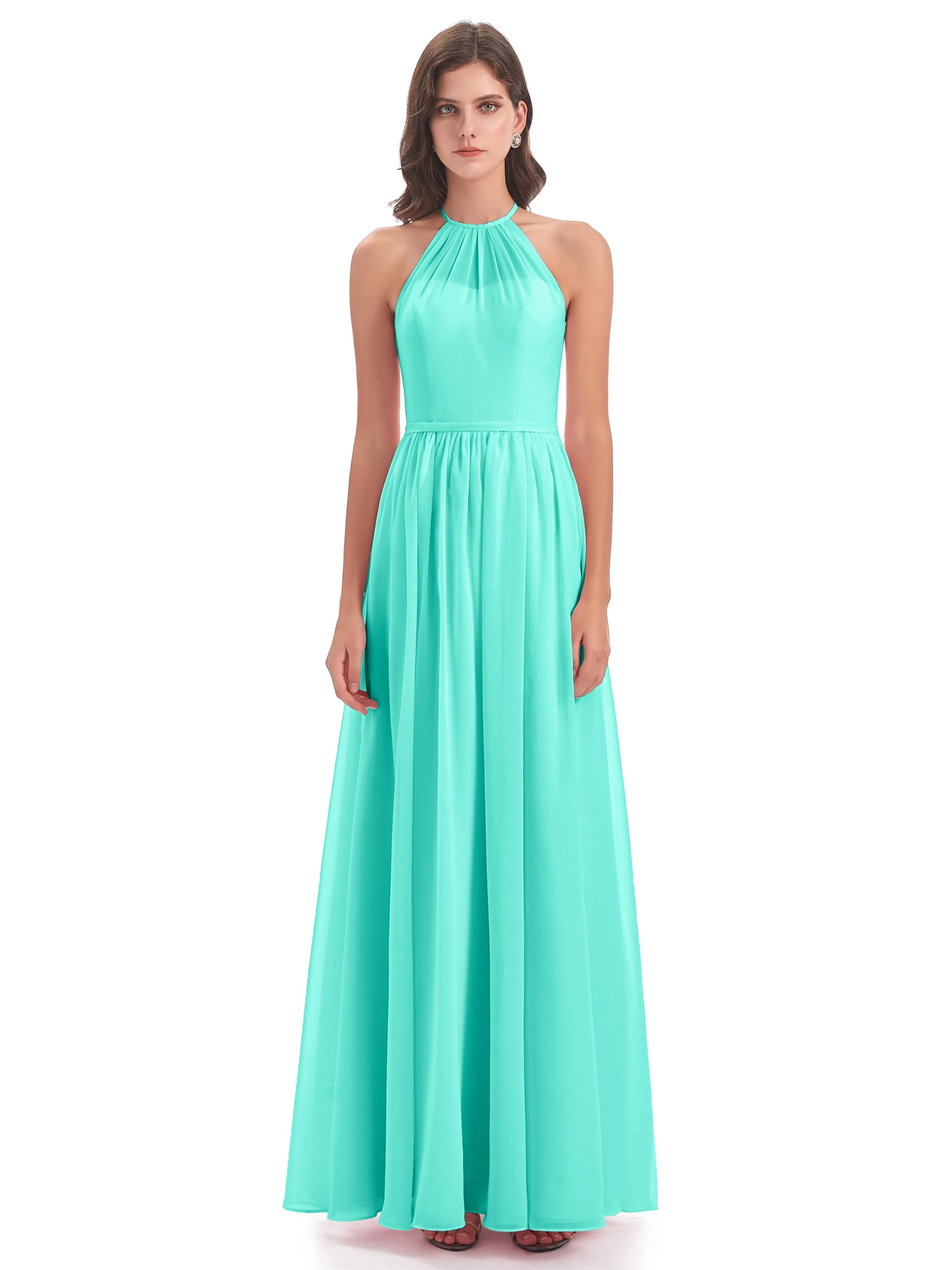 Mila Dazzling Chiffon Halter Floor Length Bridesmaid Dresses