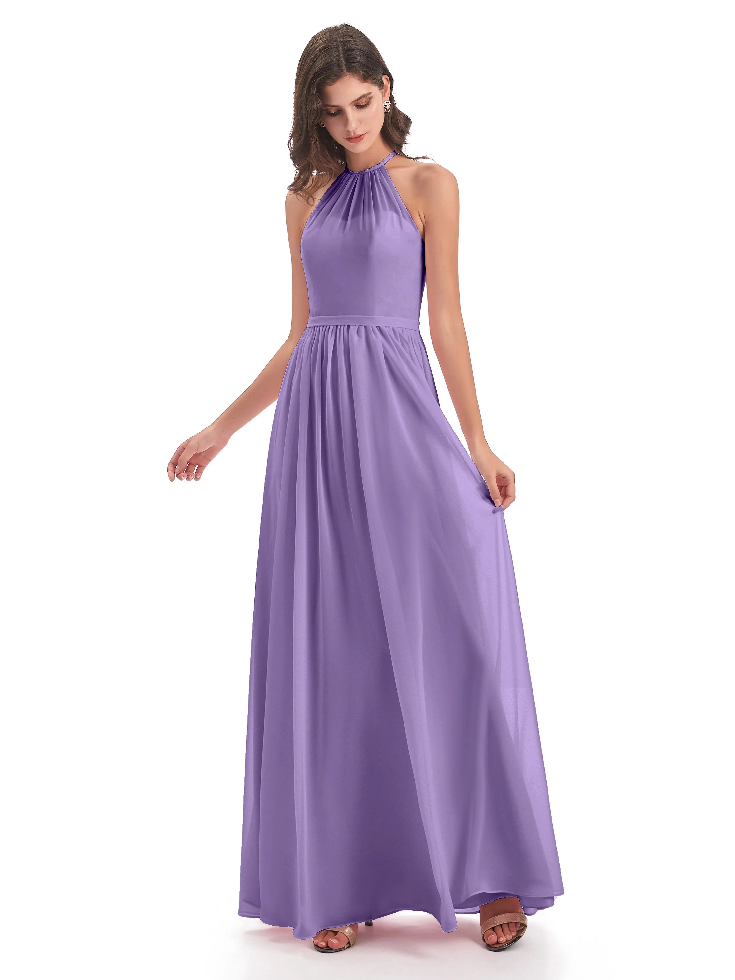 Mila Dazzling Chiffon Halter Floor Length Bridesmaid Dresses