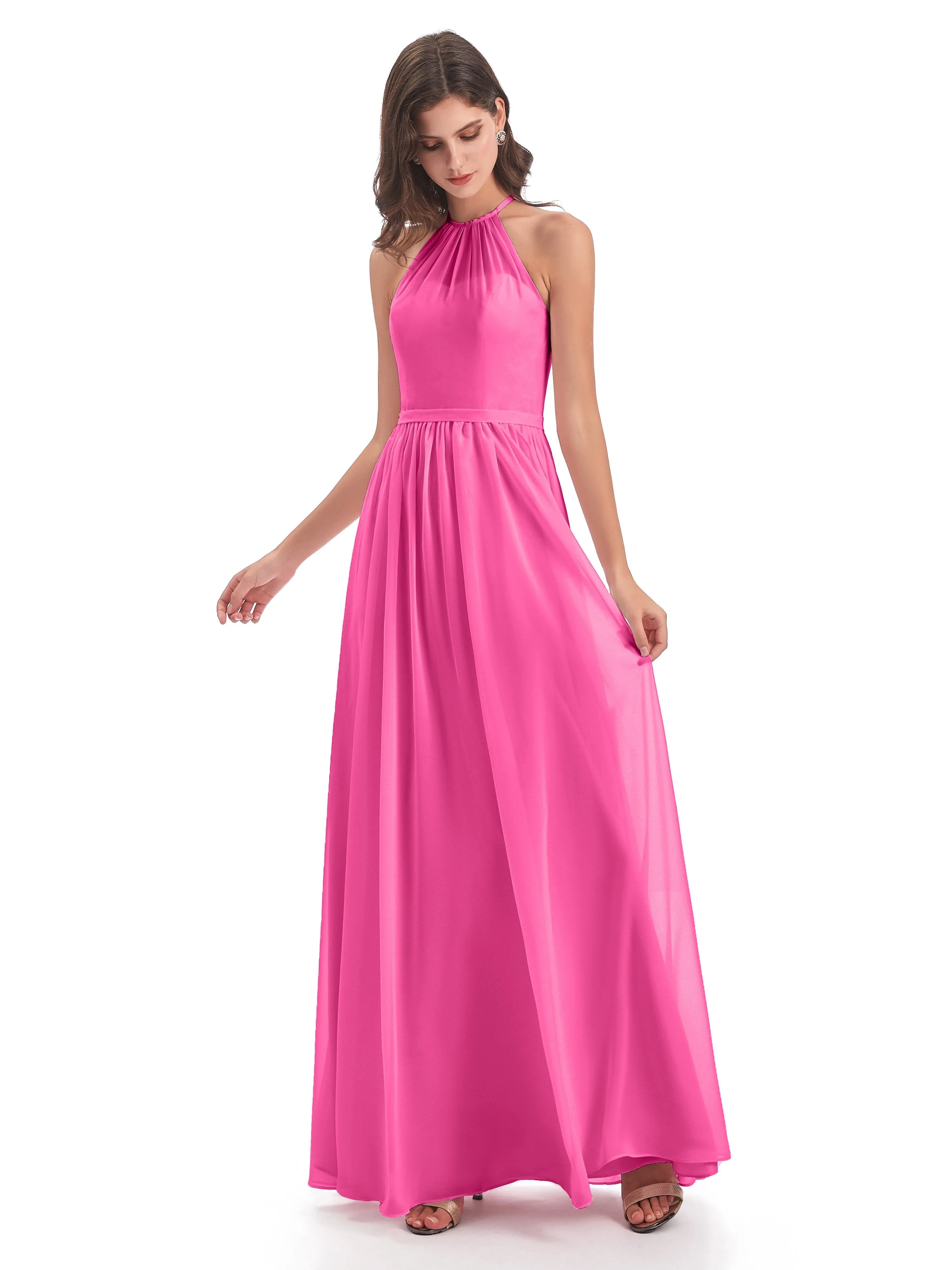 Mila Dazzling Chiffon Halter Floor Length Bridesmaid Dresses