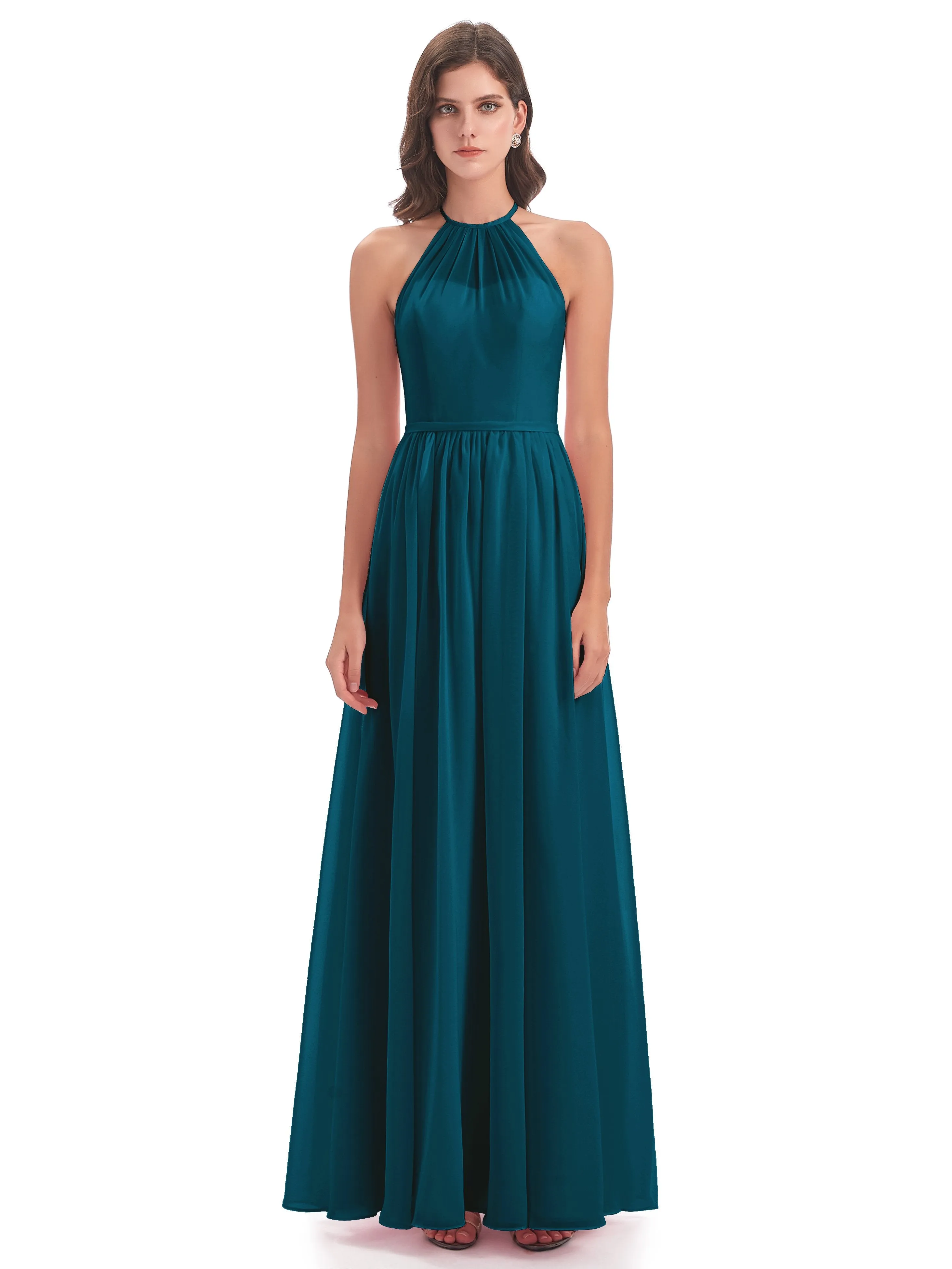 Mila Dazzling Chiffon Halter Floor Length Bridesmaid Dresses