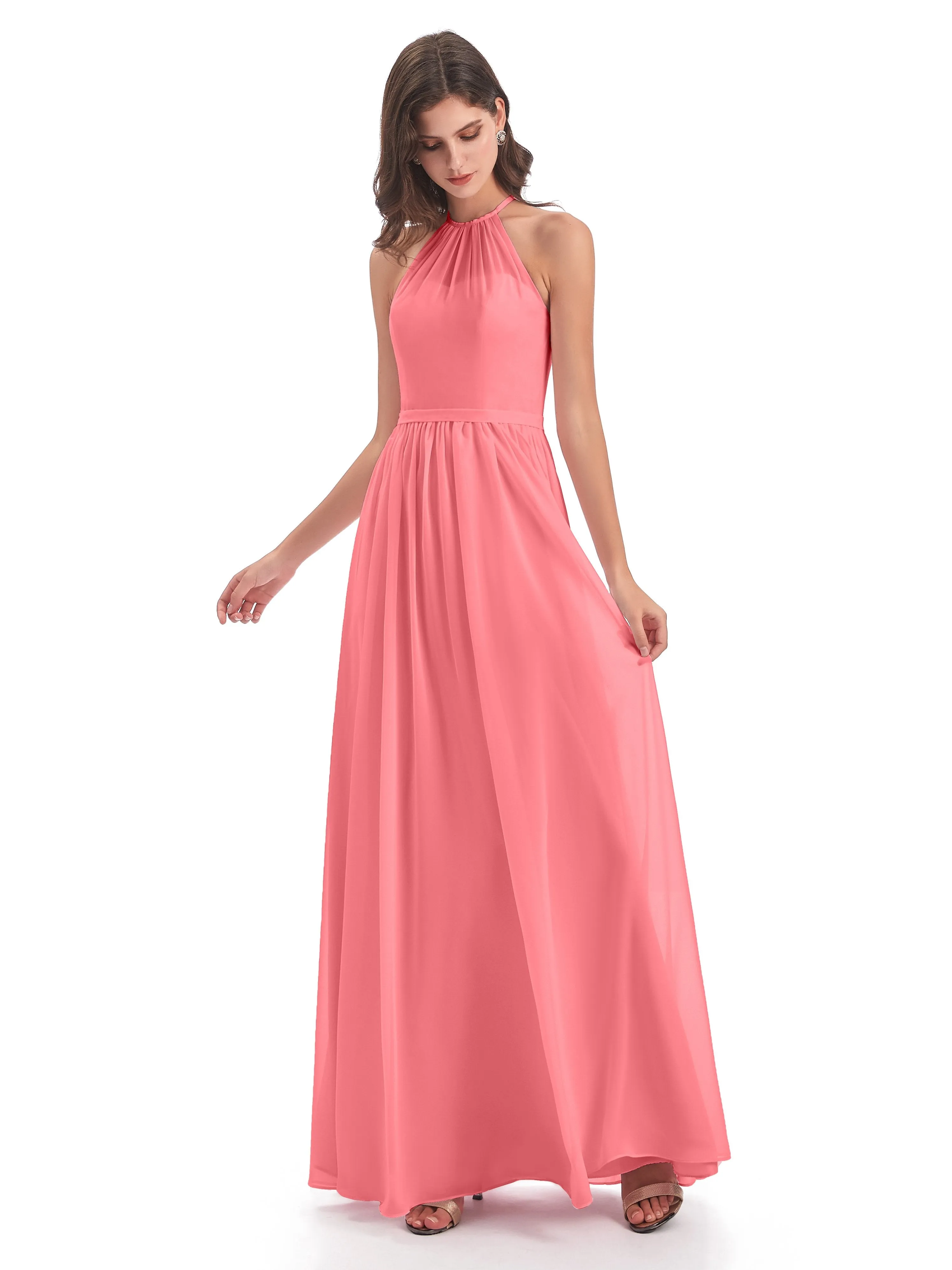 Mila Dazzling Chiffon Halter Floor Length Bridesmaid Dresses