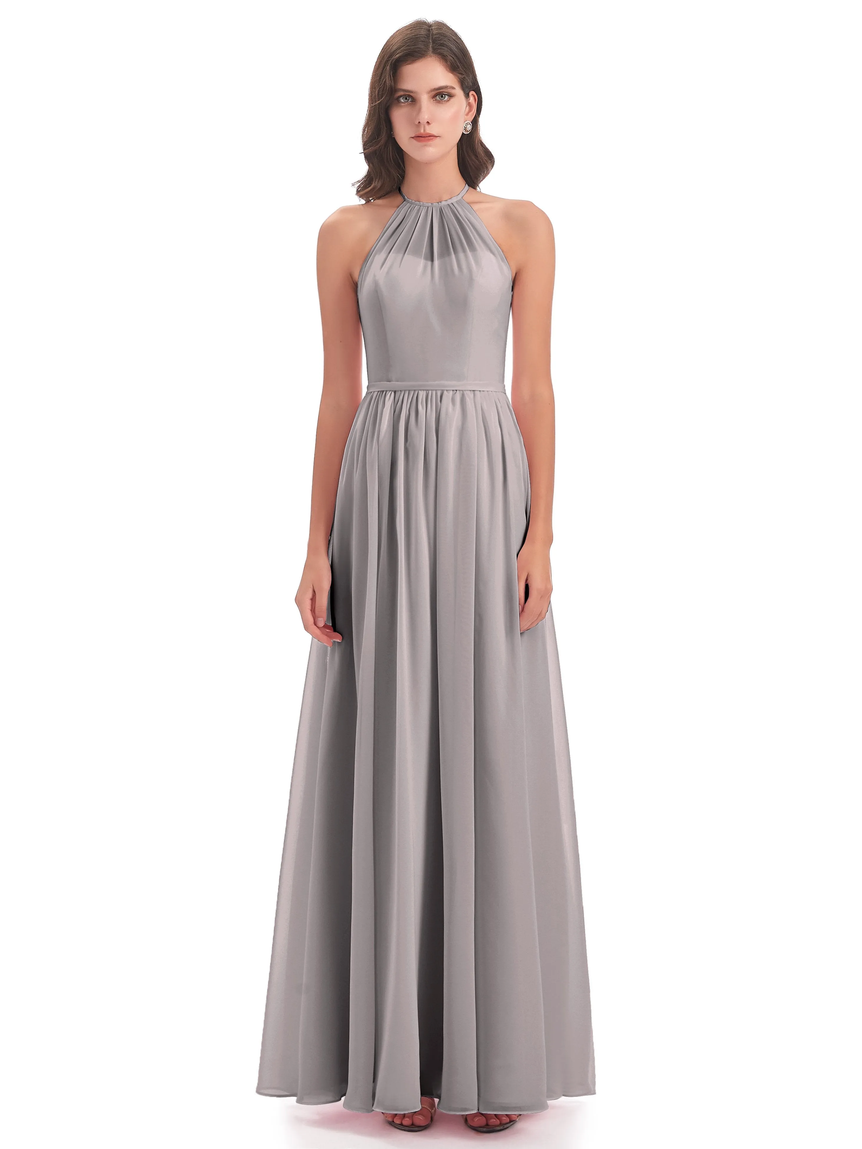 Mila Dazzling Chiffon Halter Floor Length Bridesmaid Dresses