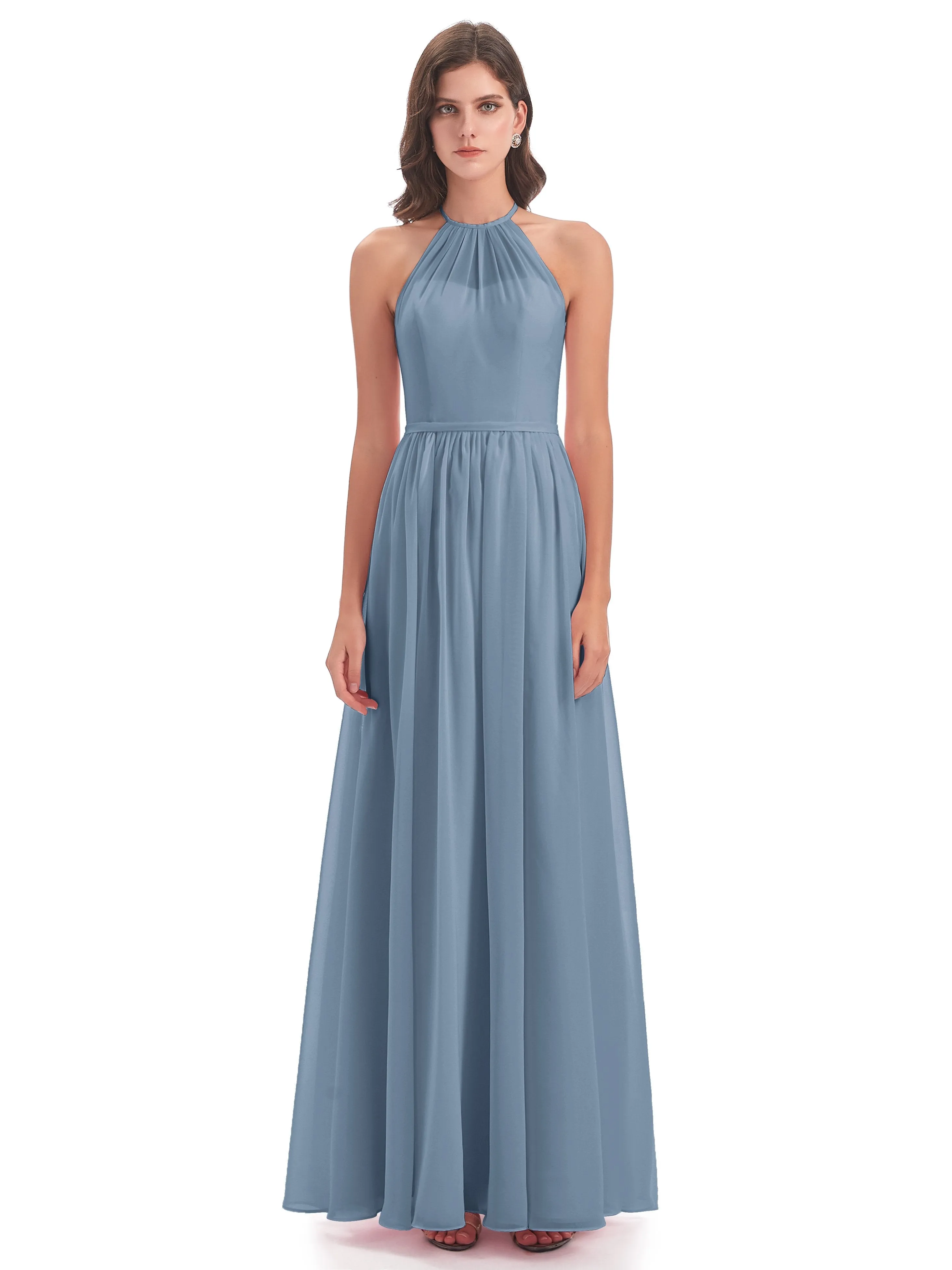 Mila Dazzling Chiffon Halter Floor Length Bridesmaid Dresses