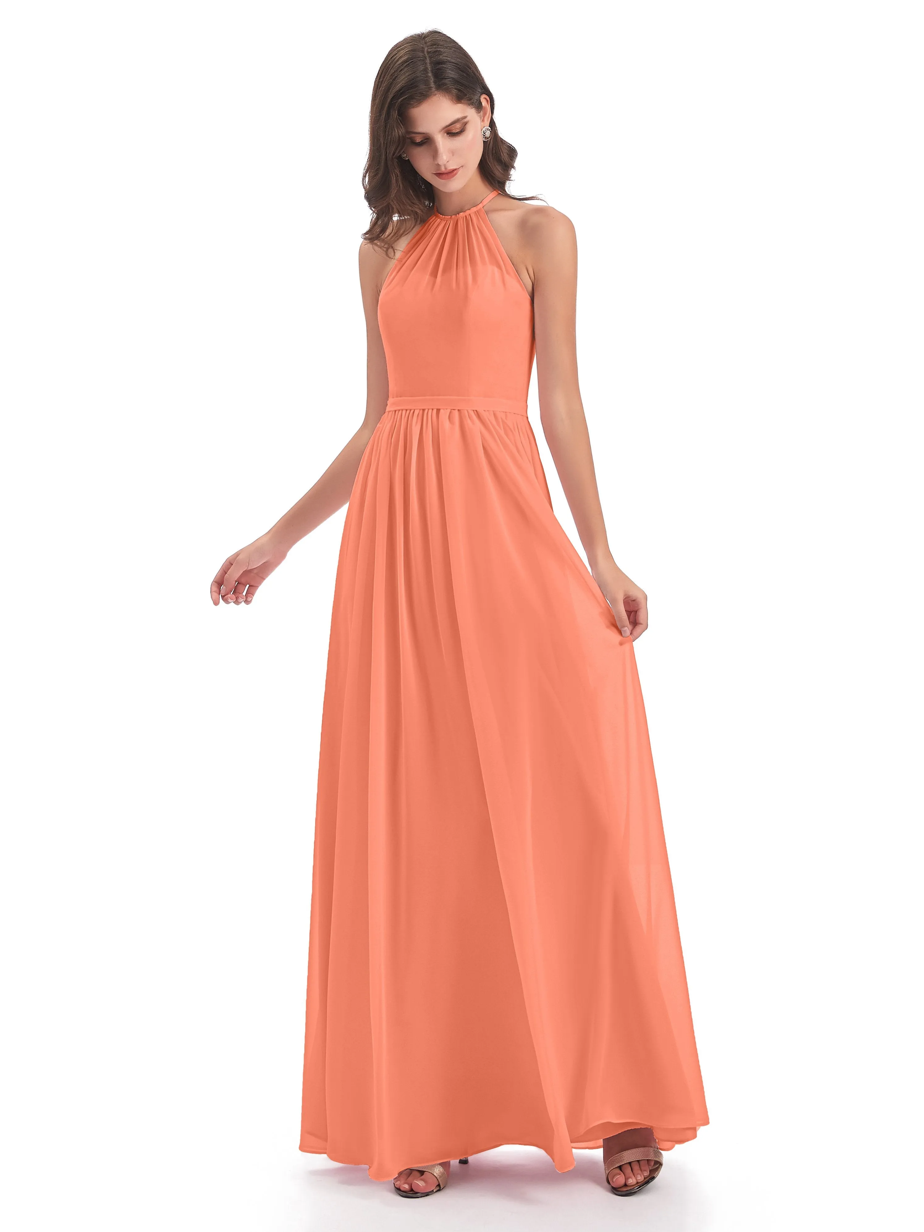 Mila Dazzling Chiffon Halter Floor Length Bridesmaid Dresses