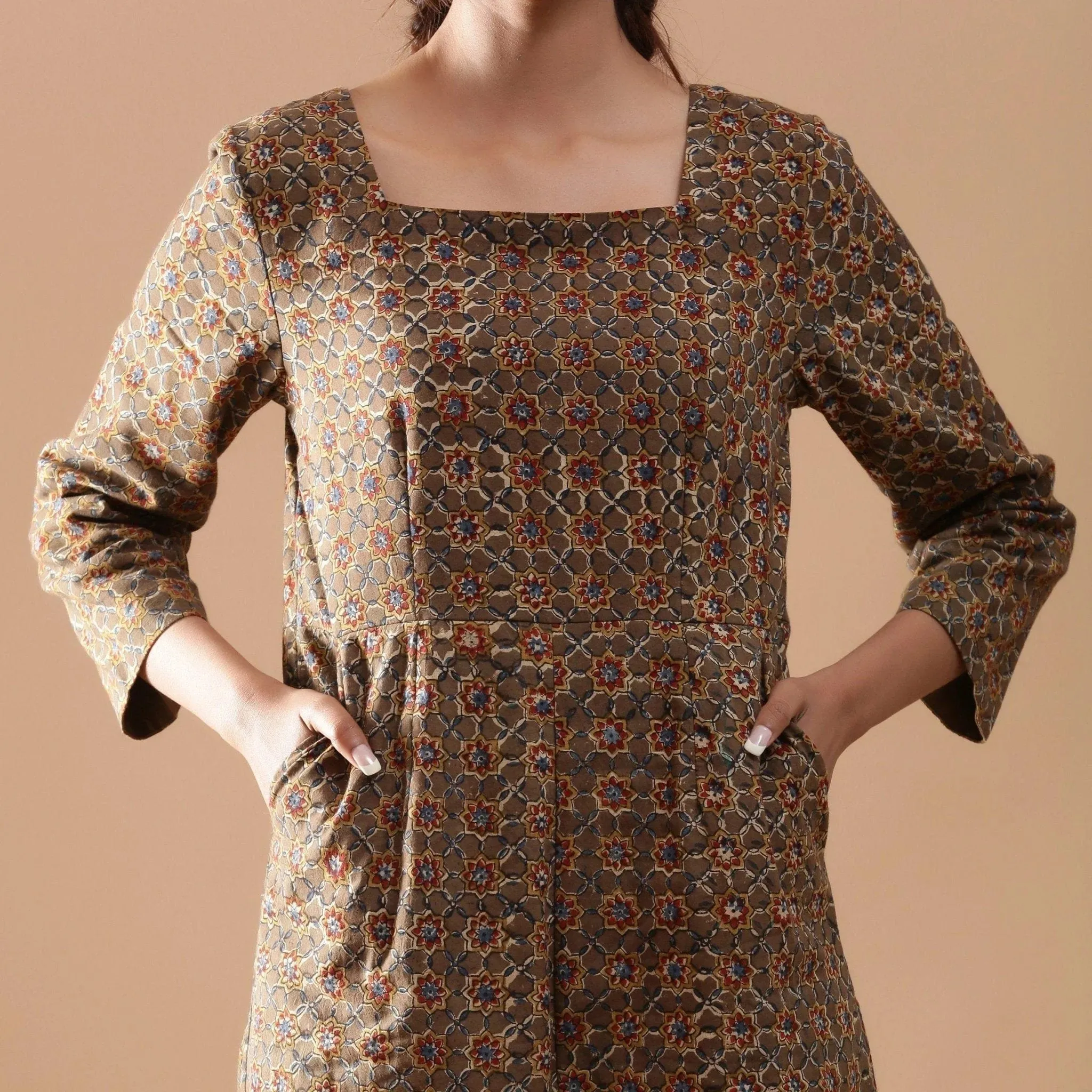 Muddy Green Warm Cotton Kalamkari Block Print Jumpsuit