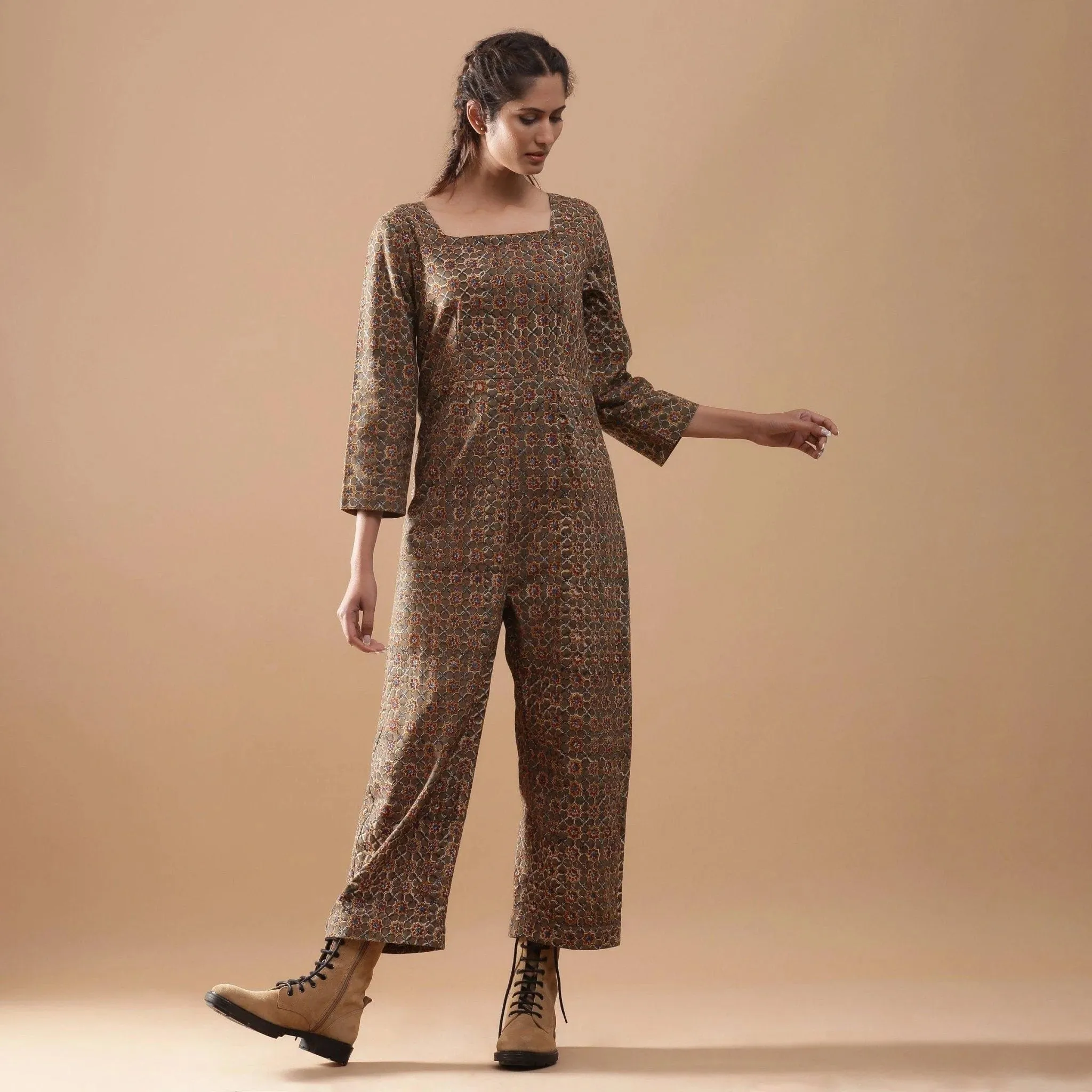 Muddy Green Warm Cotton Kalamkari Block Print Jumpsuit