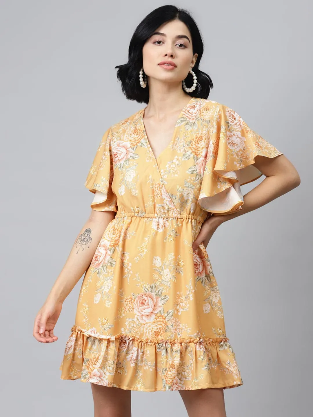 Mustard Floral Wrap Fit & Flare Dress