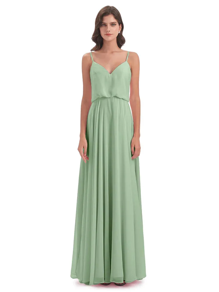 Nancy Casual Spaghetti Straps Long Chiffon Bridesmaid Dresses