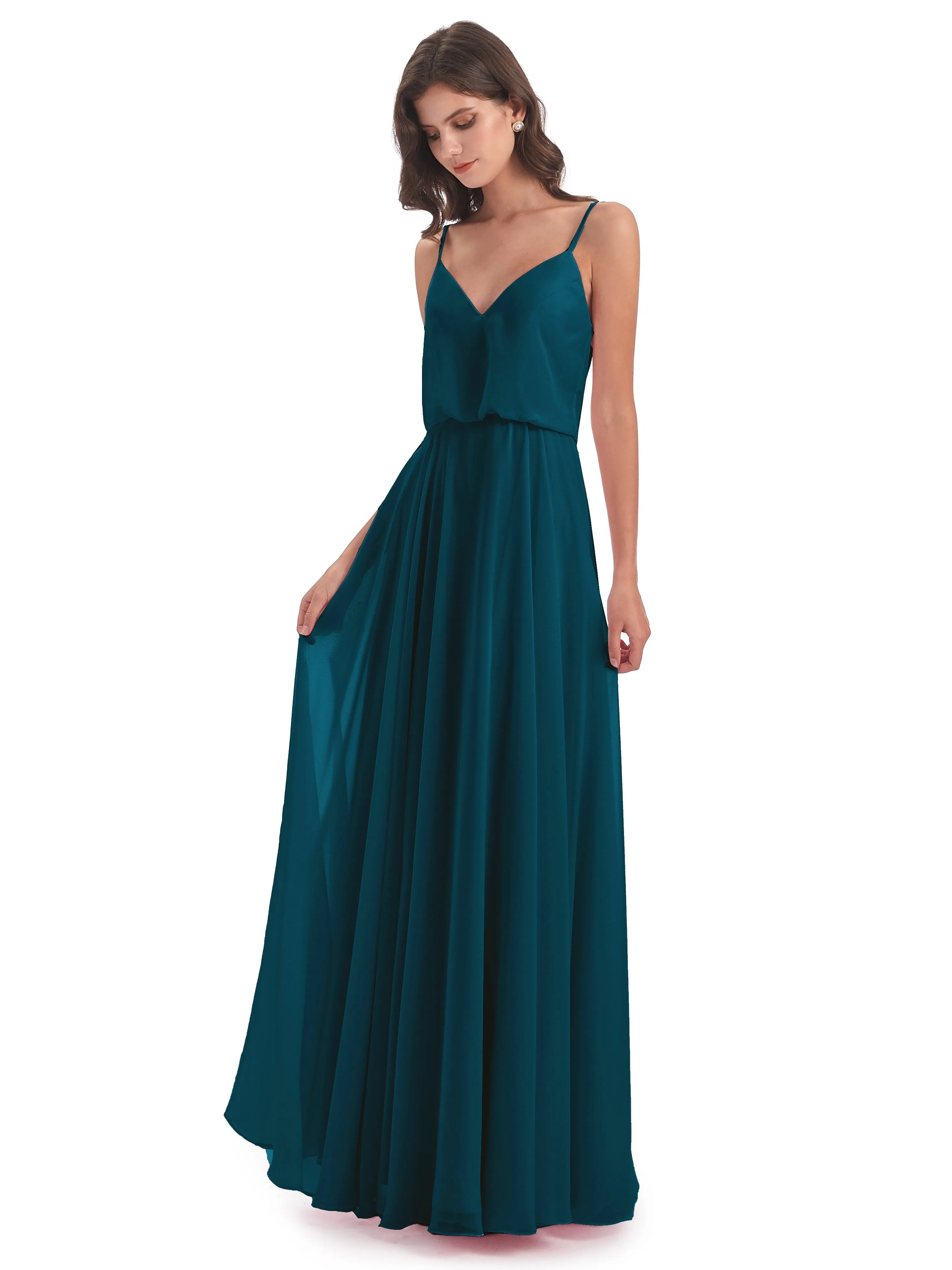 Nancy Casual Spaghetti Straps Long Chiffon Bridesmaid Dresses