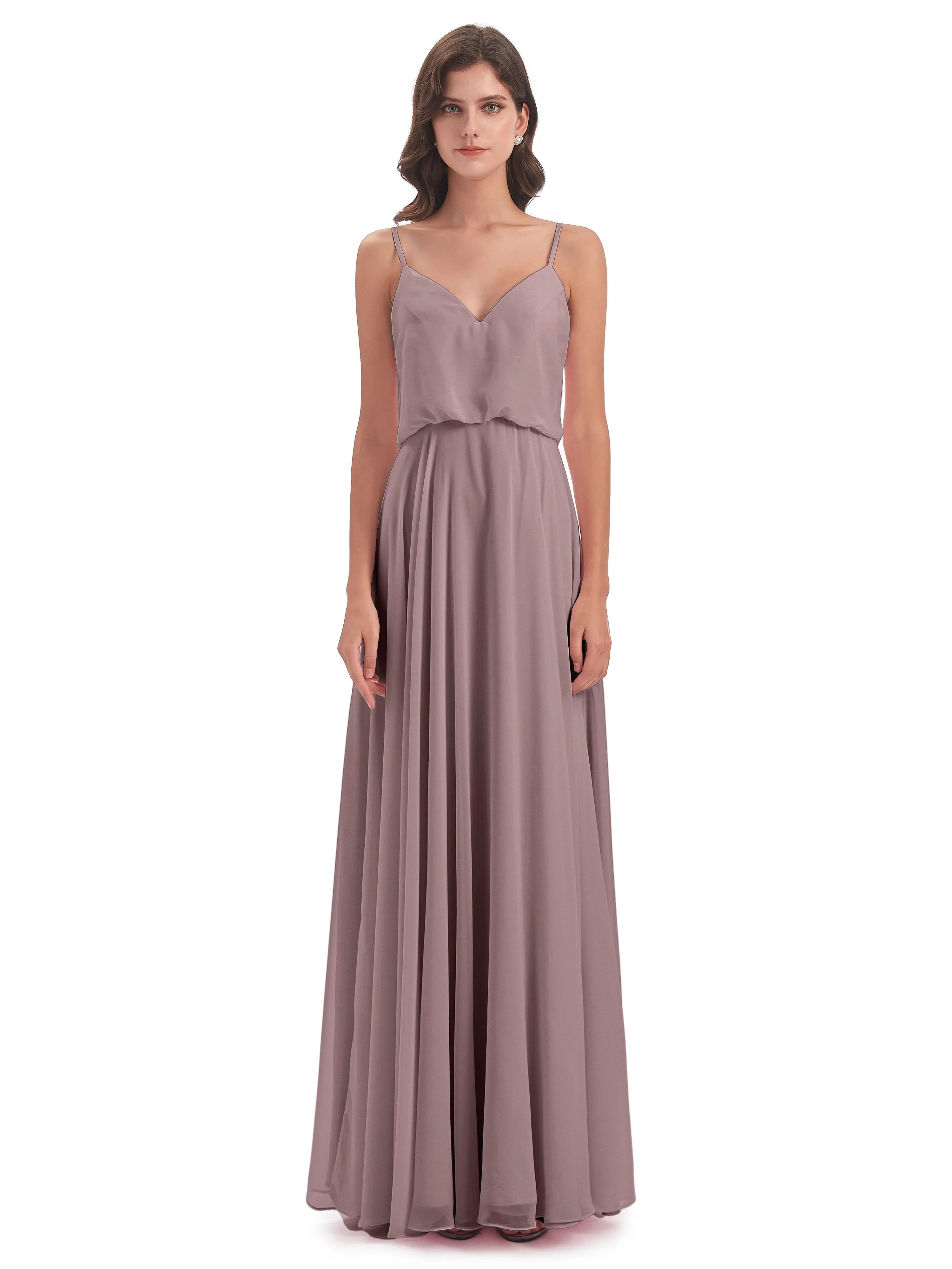 Nancy Casual Spaghetti Straps Long Chiffon Bridesmaid Dresses