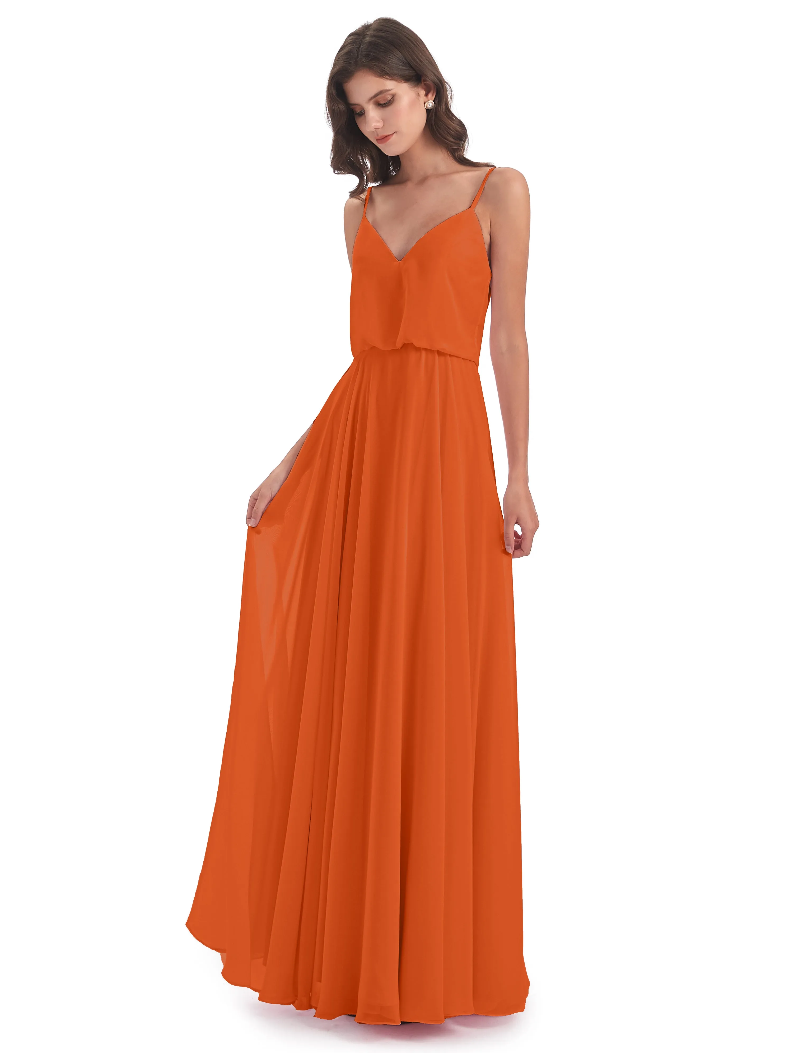 Nancy Casual Spaghetti Straps Long Chiffon Bridesmaid Dresses