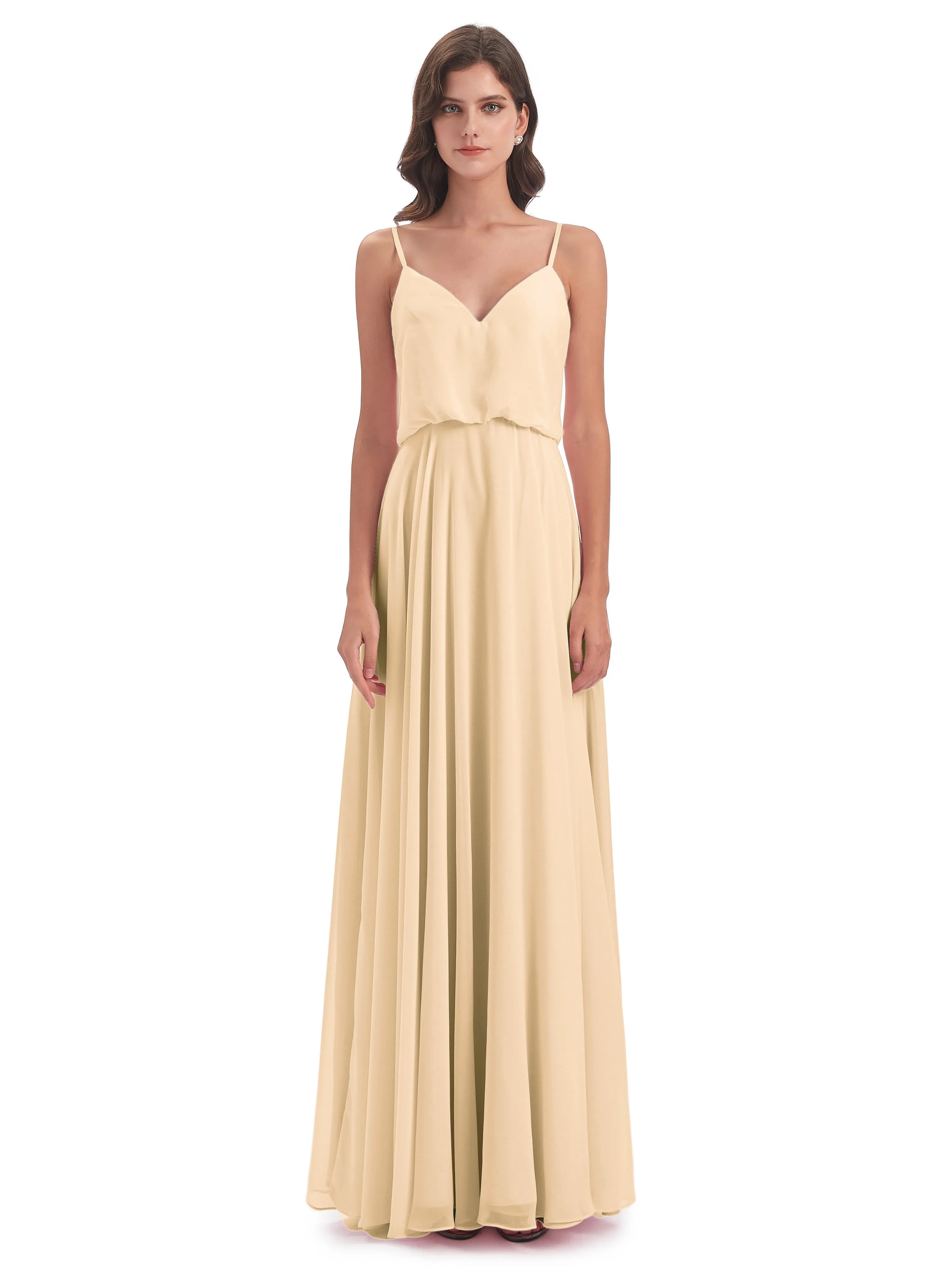 Nancy Casual Spaghetti Straps Long Chiffon Bridesmaid Dresses