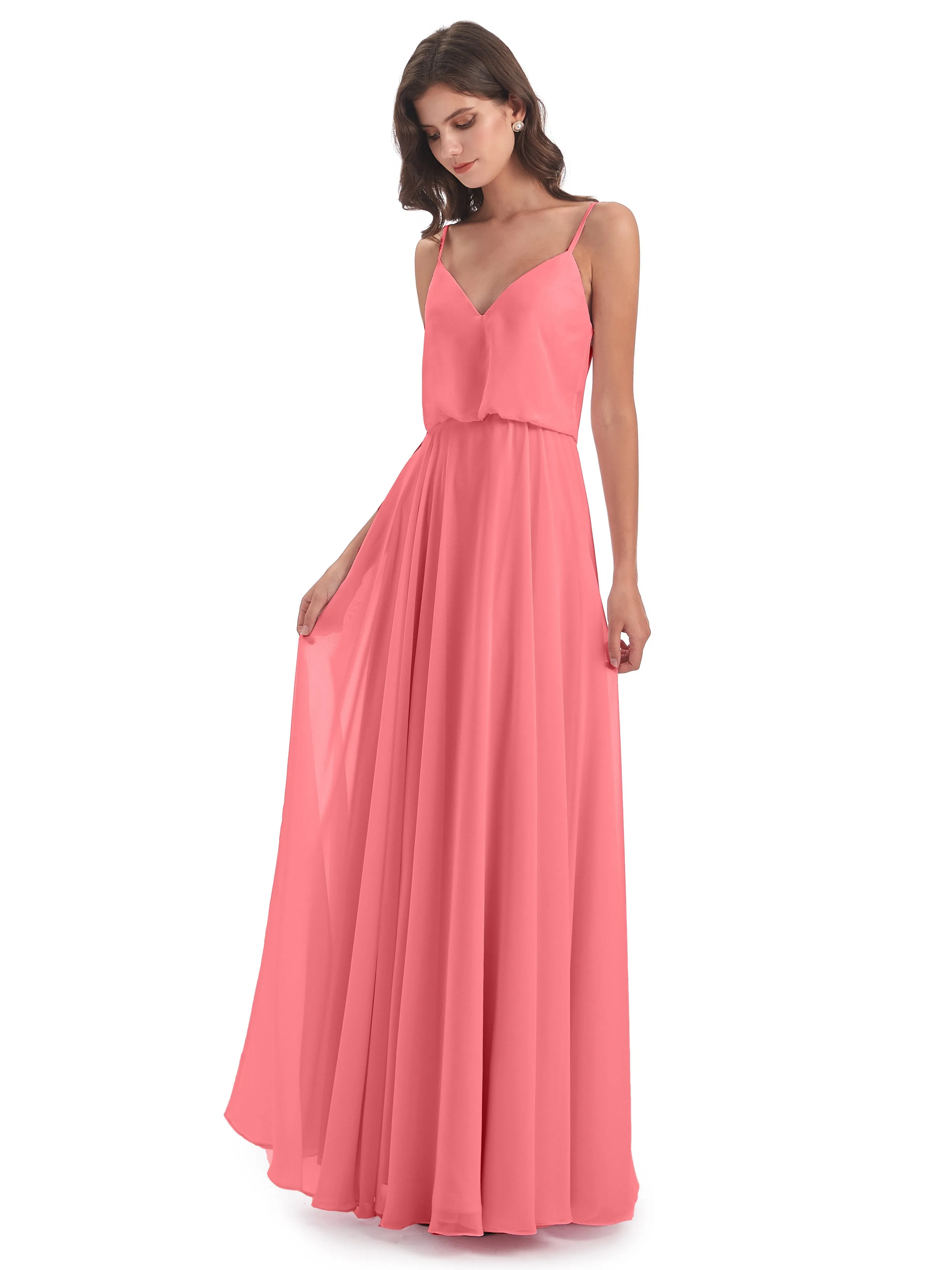 Nancy Casual Spaghetti Straps Long Chiffon Bridesmaid Dresses