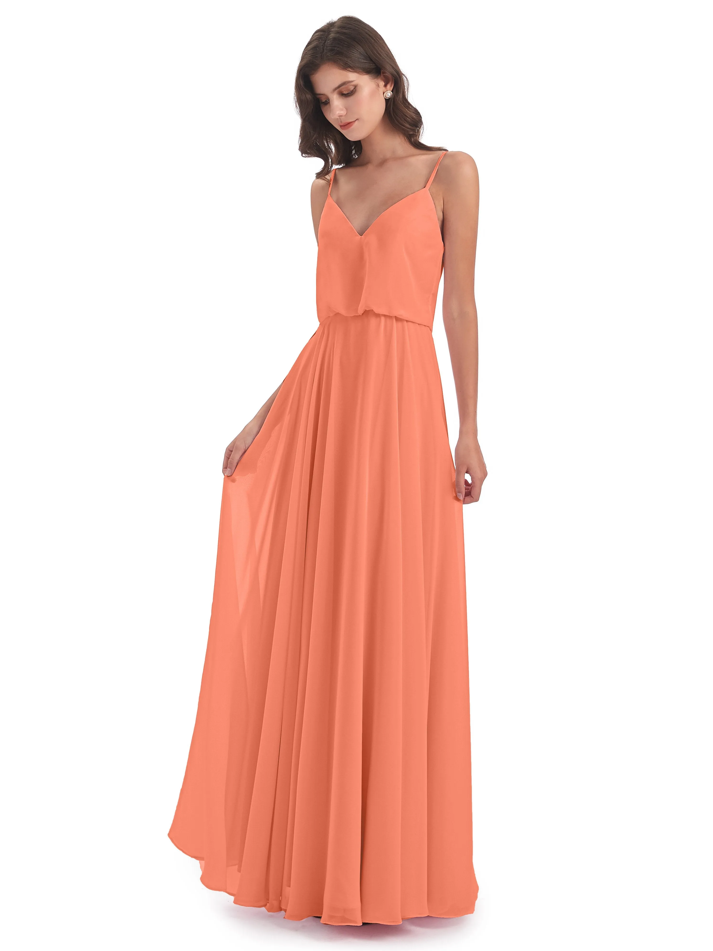 Nancy Casual Spaghetti Straps Long Chiffon Bridesmaid Dresses