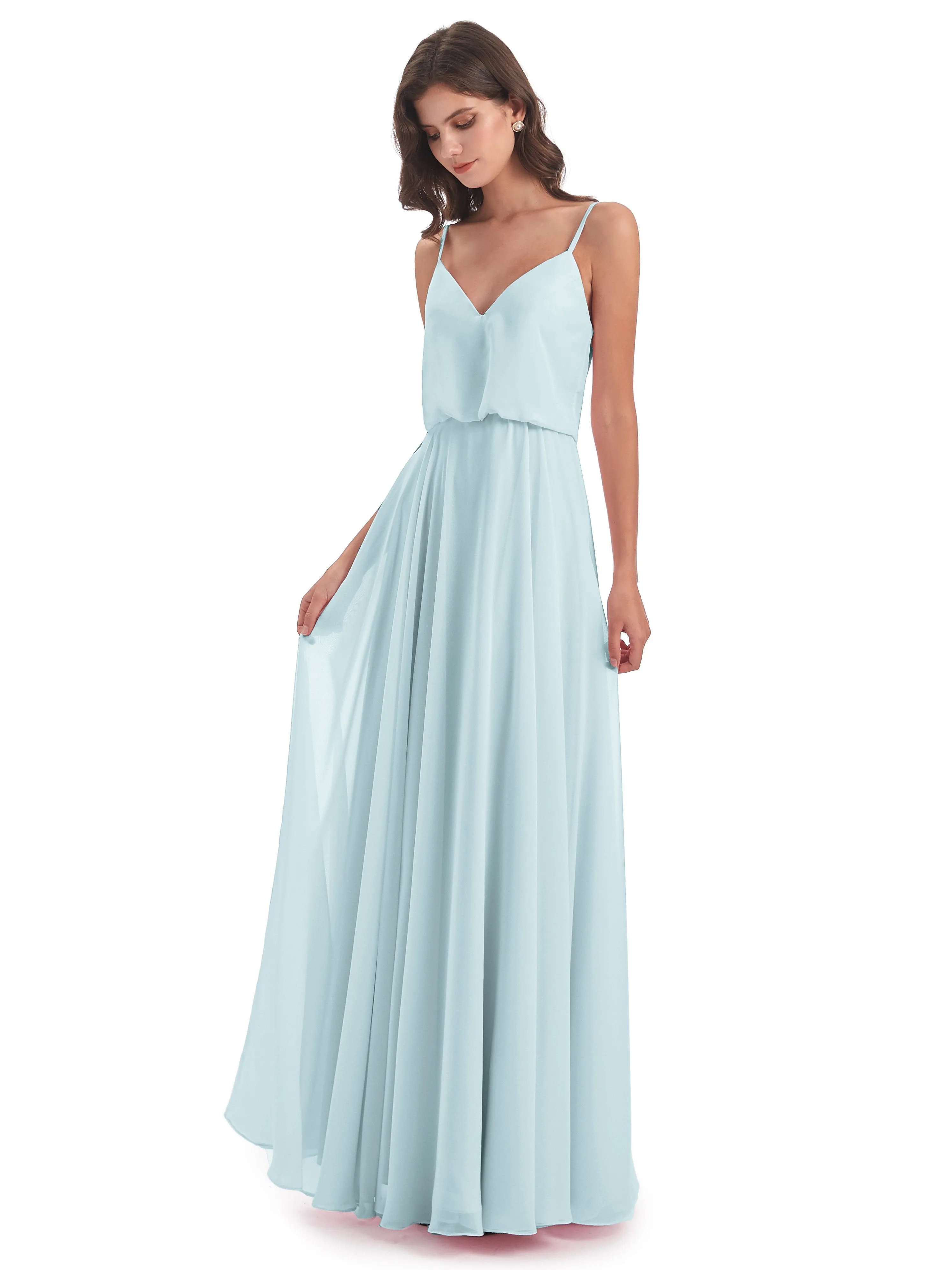 Nancy Casual Spaghetti Straps Long Chiffon Bridesmaid Dresses