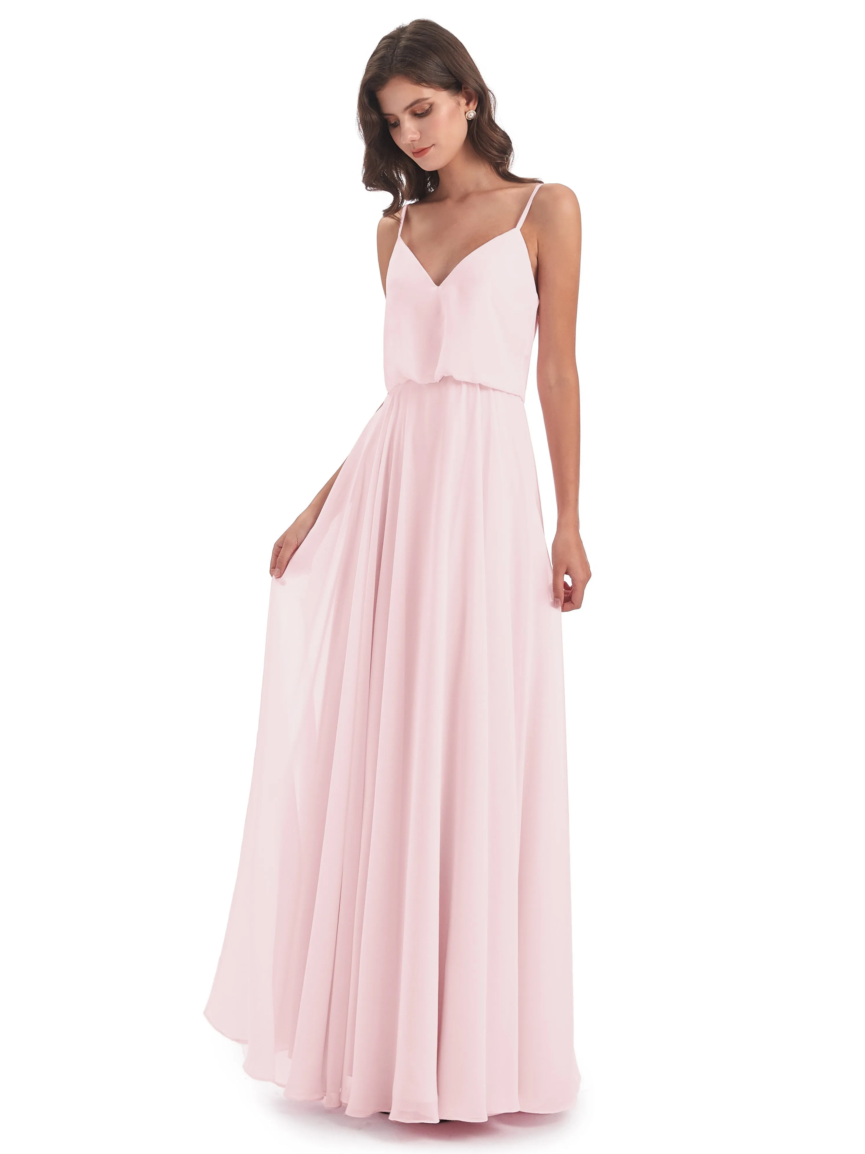 Nancy Casual Spaghetti Straps Long Chiffon Bridesmaid Dresses