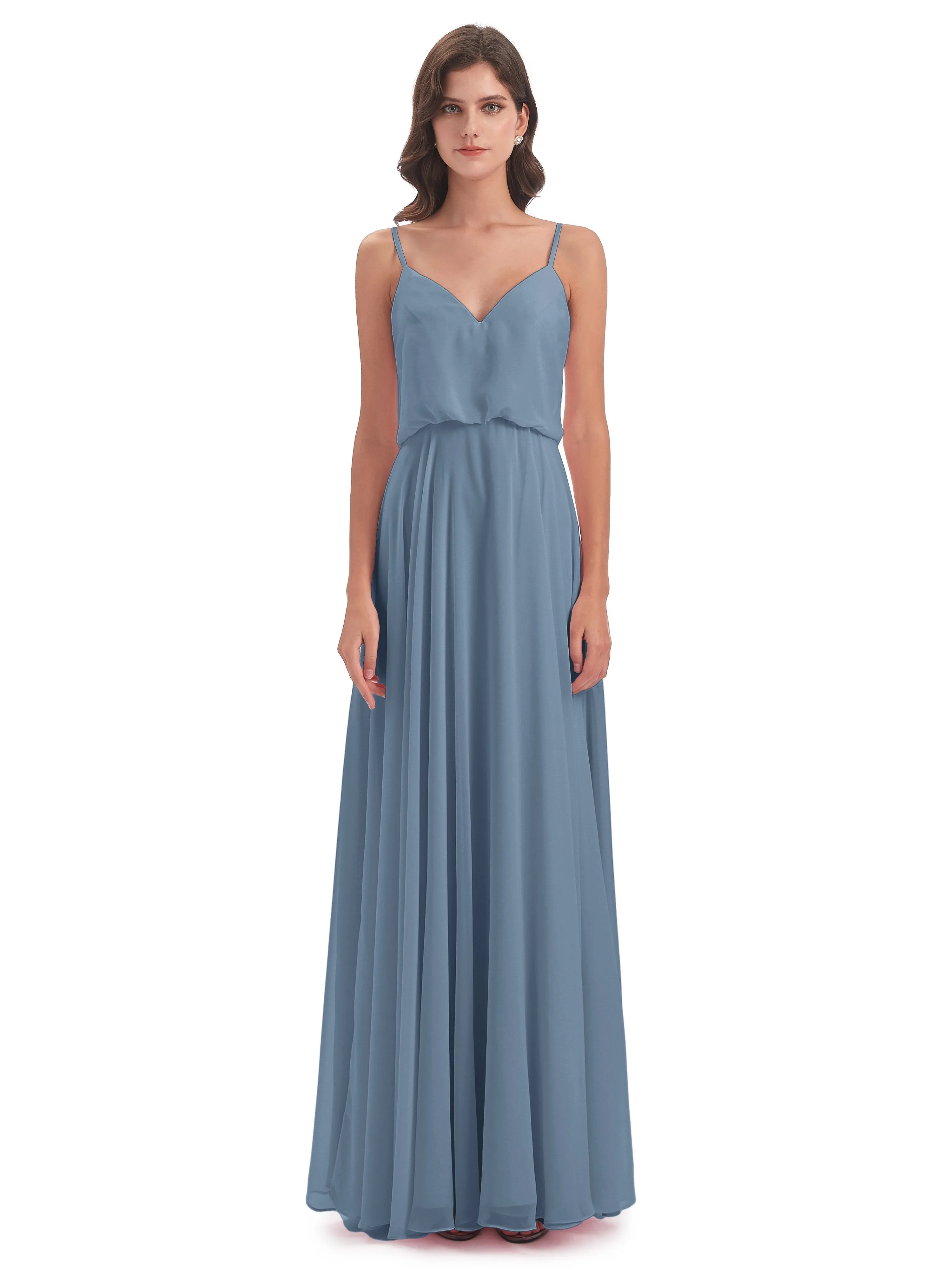 Nancy Casual Spaghetti Straps Long Chiffon Bridesmaid Dresses