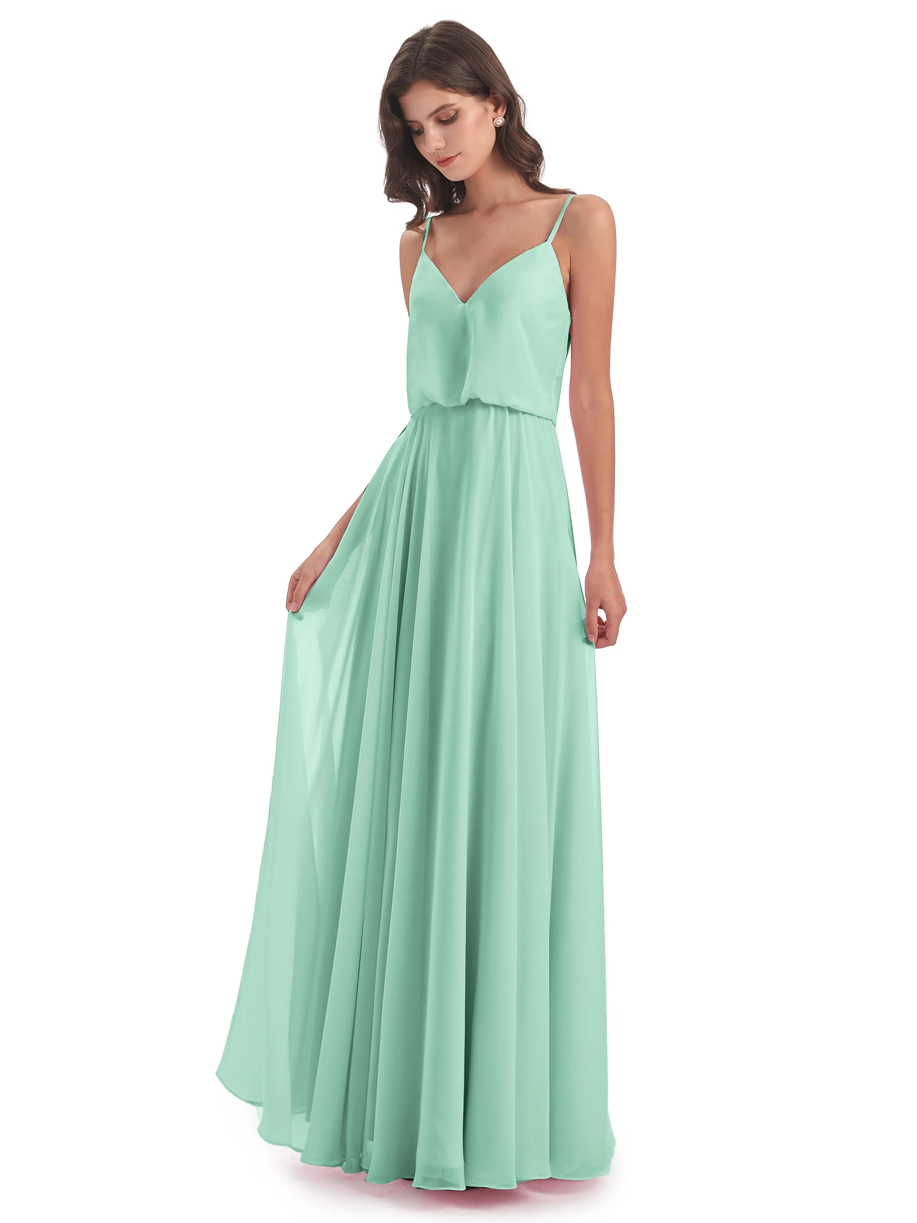 Nancy Casual Spaghetti Straps Long Chiffon Bridesmaid Dresses