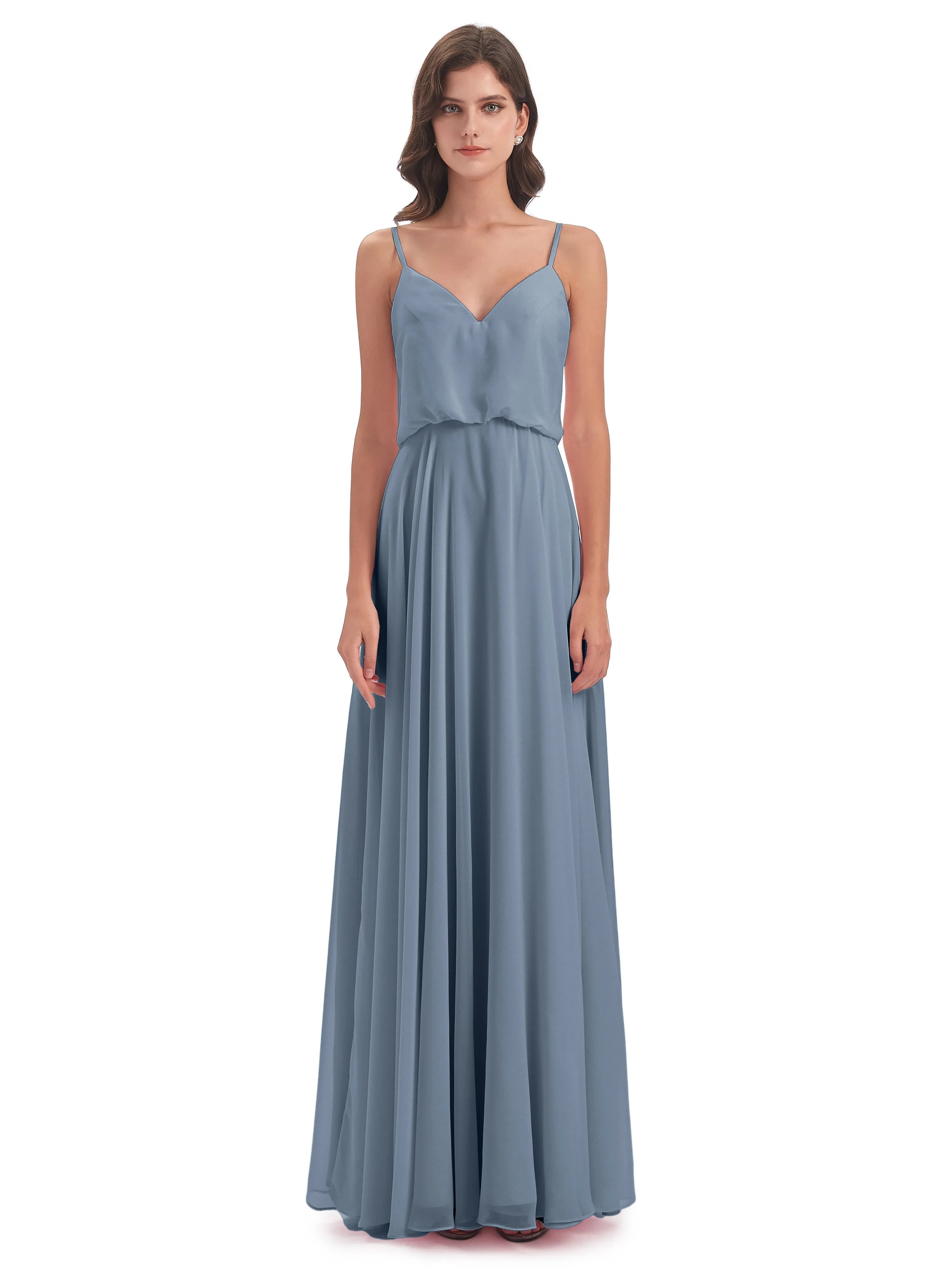 Nancy Casual Spaghetti Straps Long Chiffon Bridesmaid Dresses