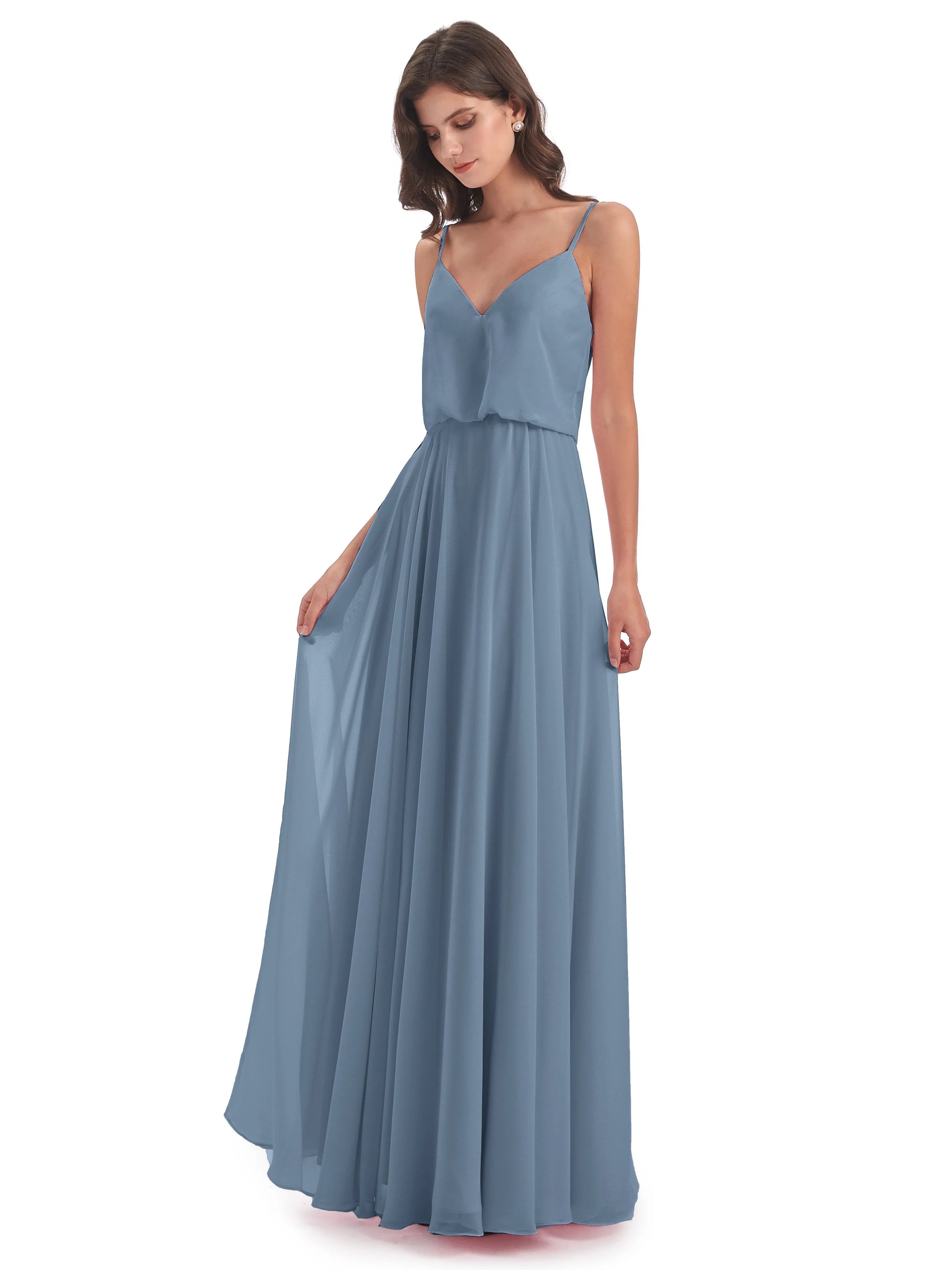 Nancy Casual Spaghetti Straps Long Chiffon Bridesmaid Dresses