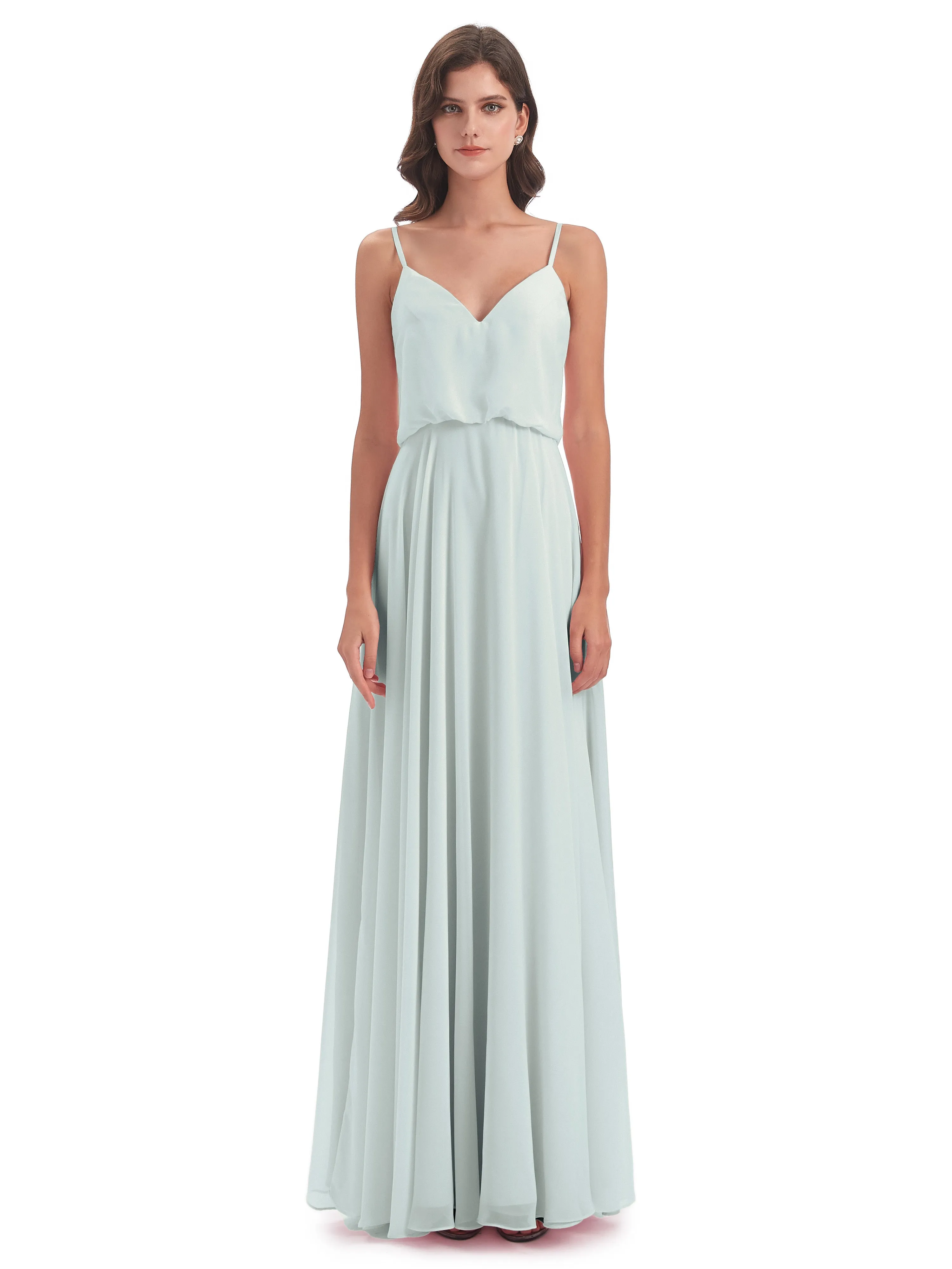 Nancy Casual Spaghetti Straps Long Chiffon Bridesmaid Dresses