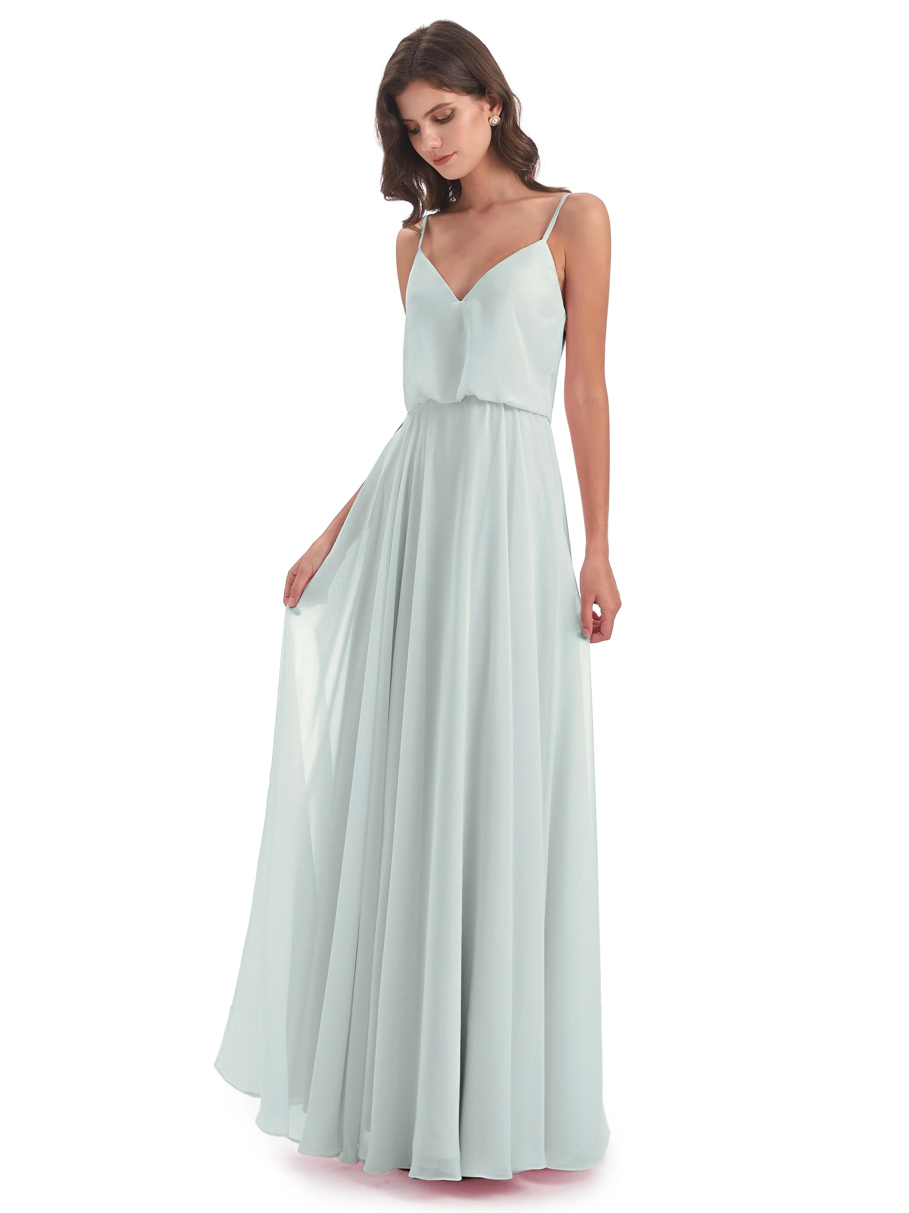 Nancy Casual Spaghetti Straps Long Chiffon Bridesmaid Dresses