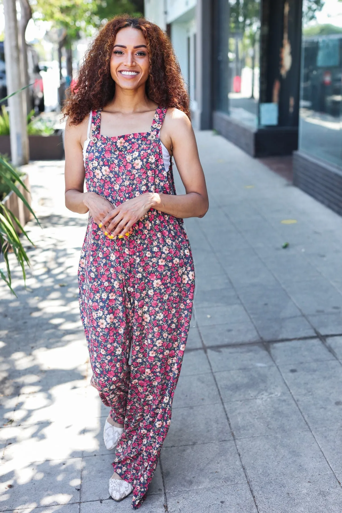 Navy Floral Print Baggy Overall Jumpsuit