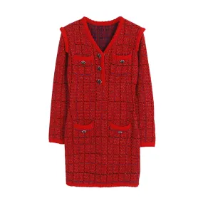 New Year Women's Plaid Red Dress V-neck Comfortable Knitted Casual Office Ladies Button Mini Dress C-221