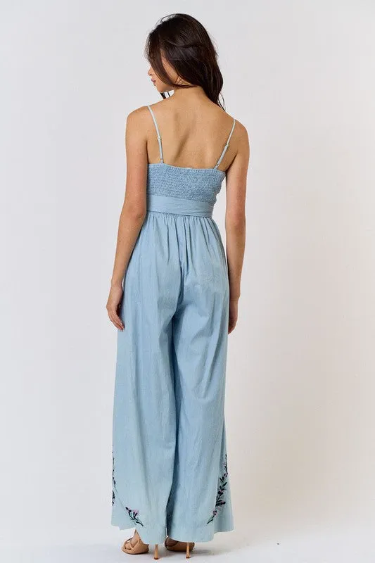 Nothing Better Embroidery Denim Jumpsuit (Light Wash)