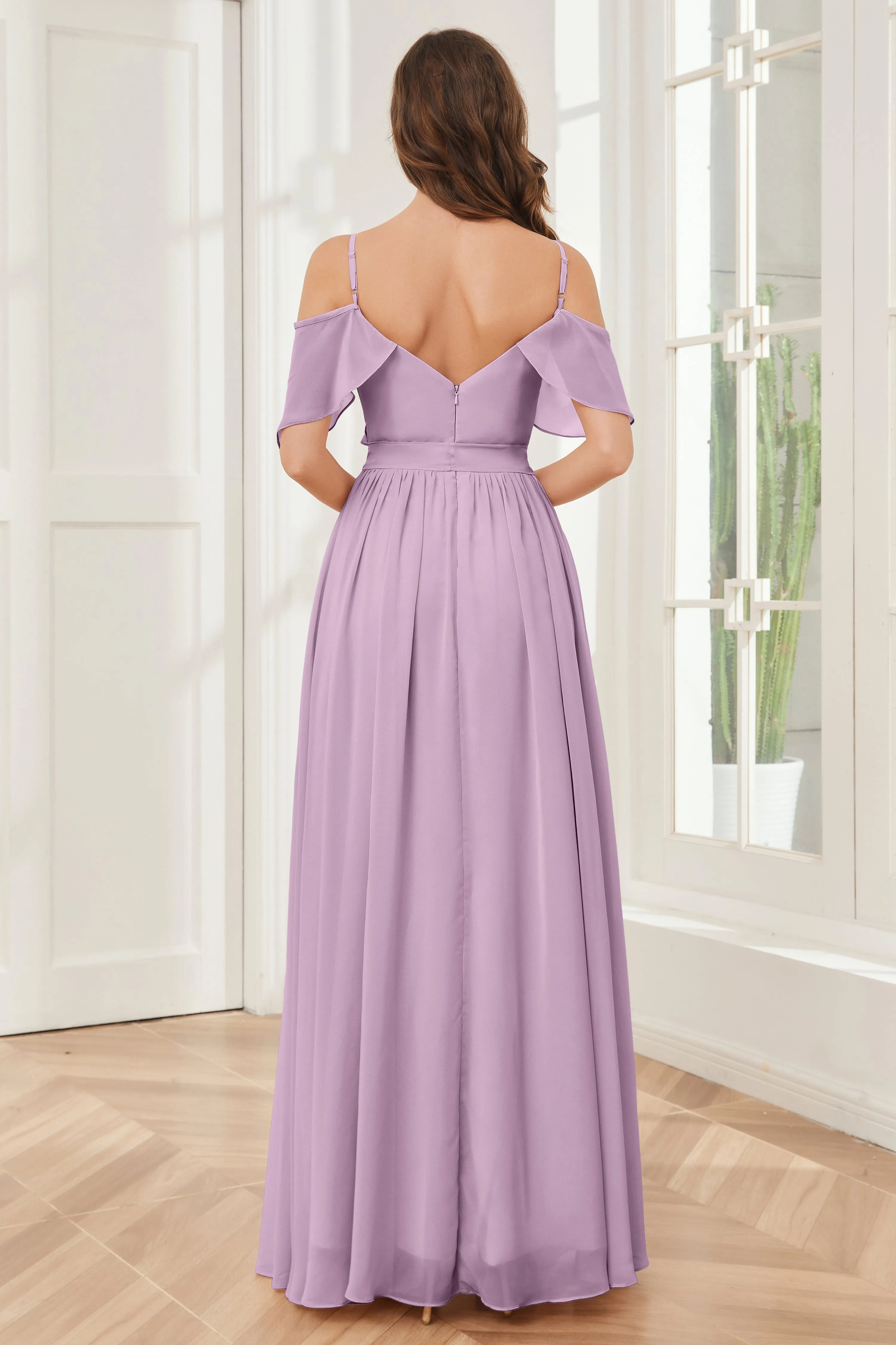 Off the Shoulder Ruffles Chiffon Bridesmaid Dresses with Slit