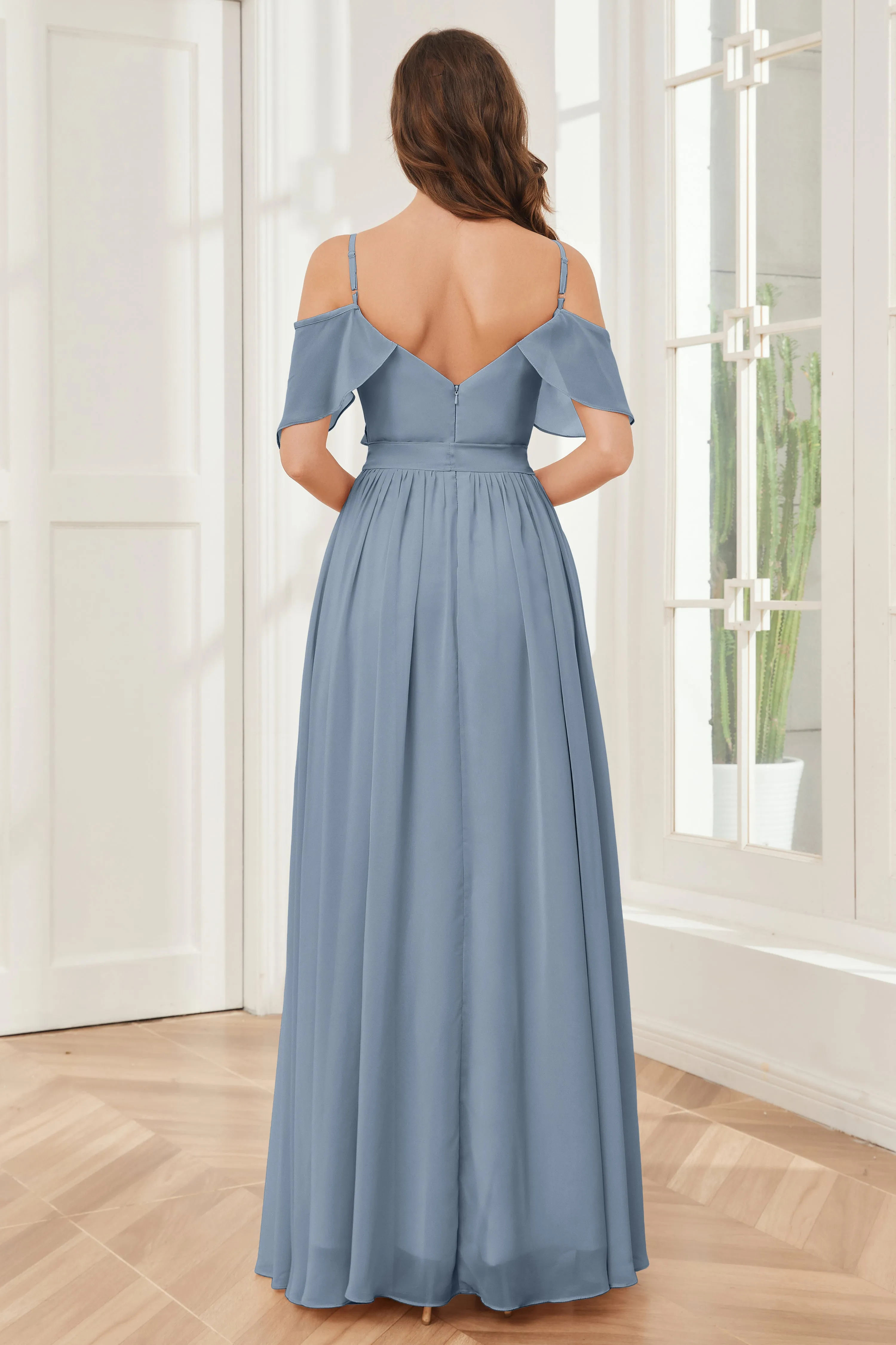 Off the Shoulder Ruffles Chiffon Bridesmaid Dresses with Slit