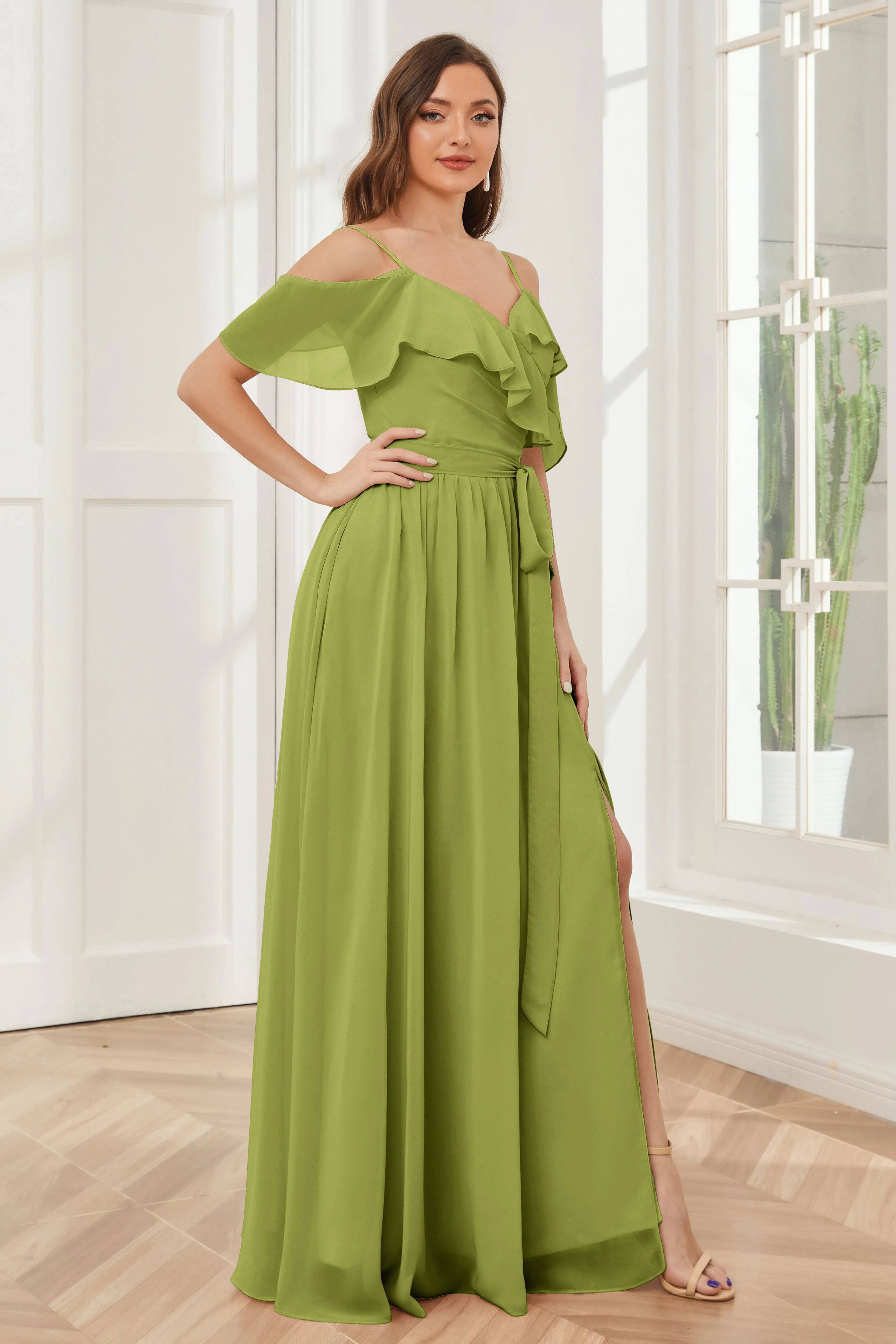 Off the Shoulder Ruffles Chiffon Bridesmaid Dresses with Slit