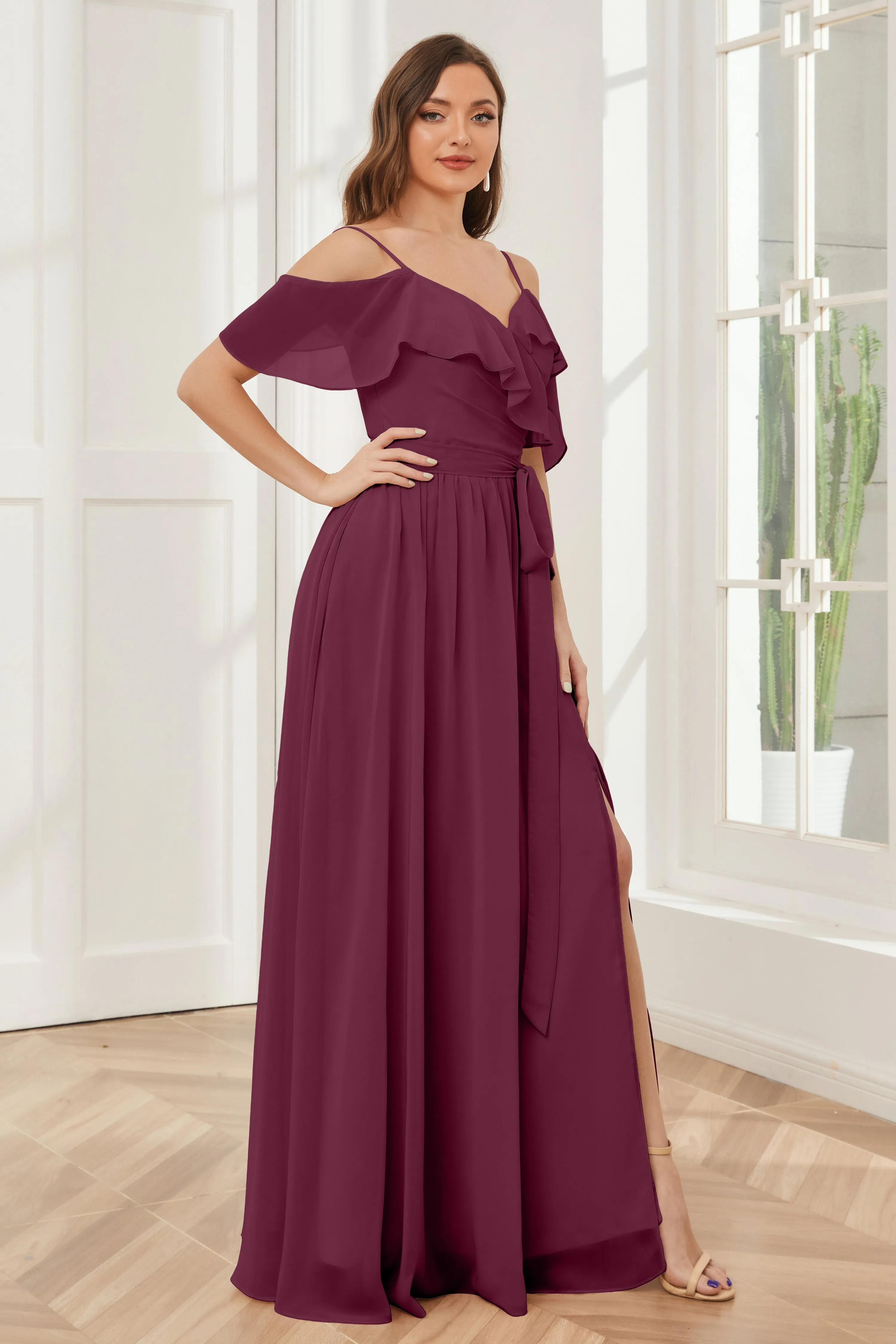 Off the Shoulder Ruffles Chiffon Bridesmaid Dresses with Slit