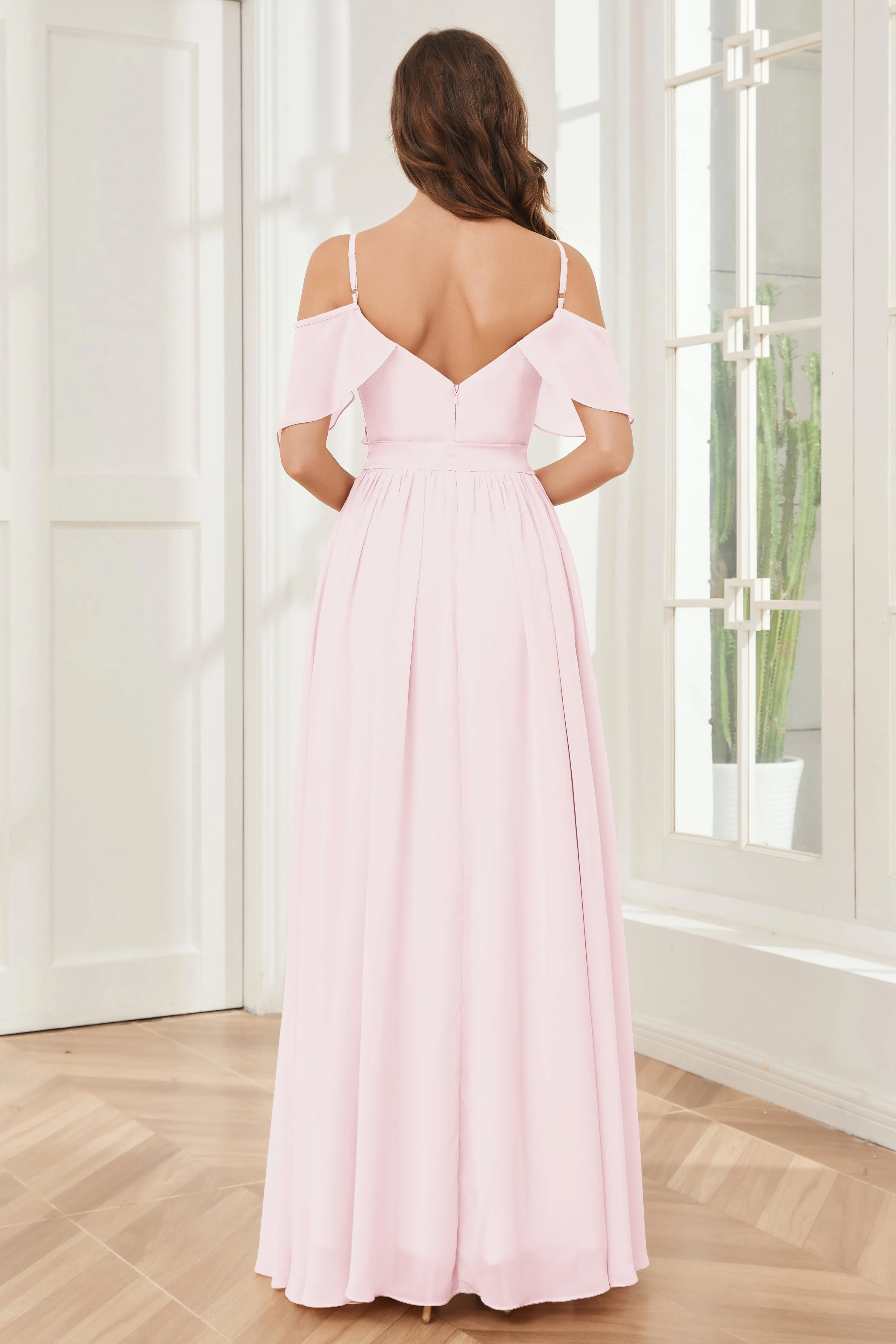 Off the Shoulder Ruffles Chiffon Bridesmaid Dresses with Slit