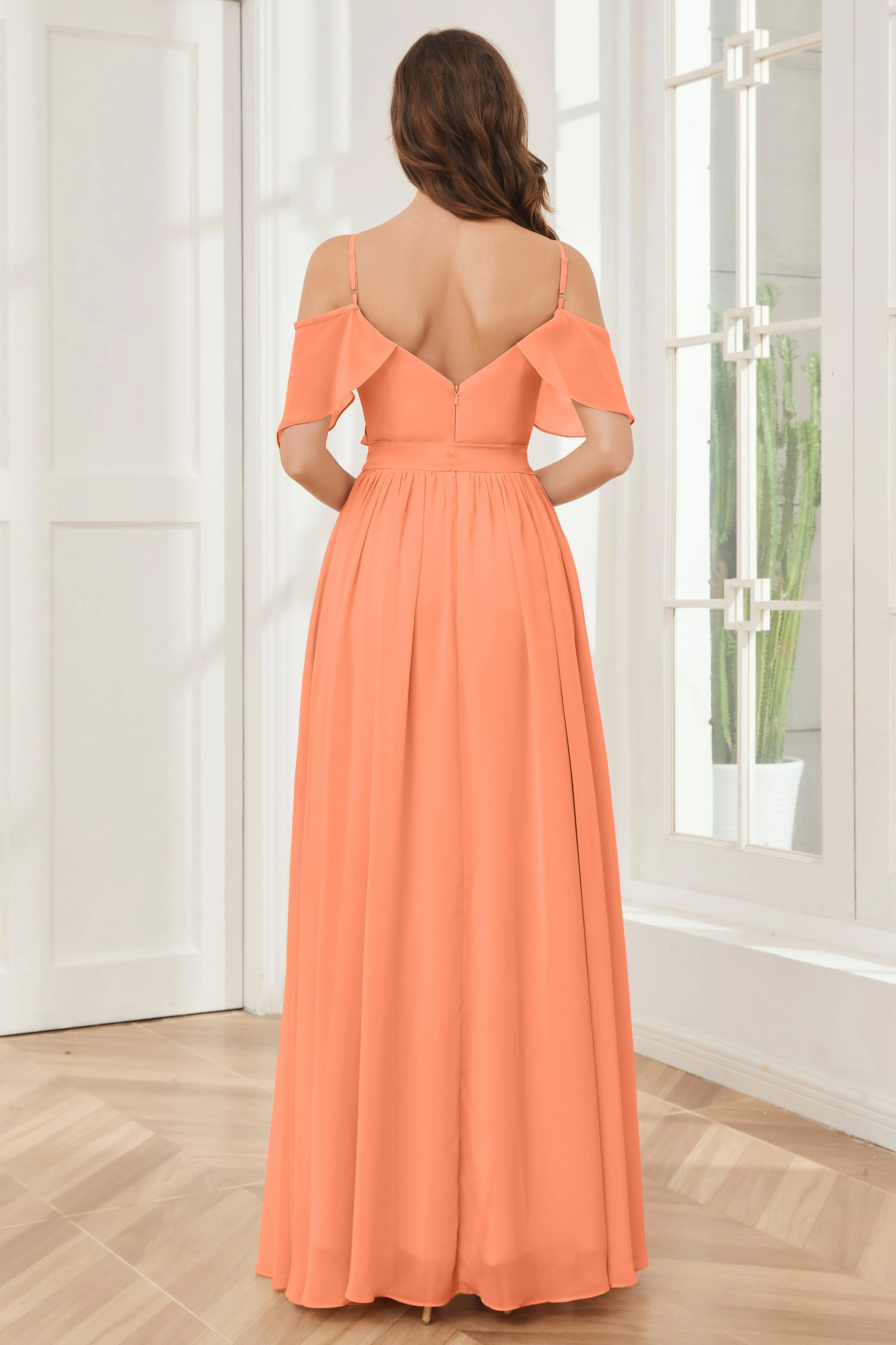 Off the Shoulder Ruffles Chiffon Bridesmaid Dresses with Slit