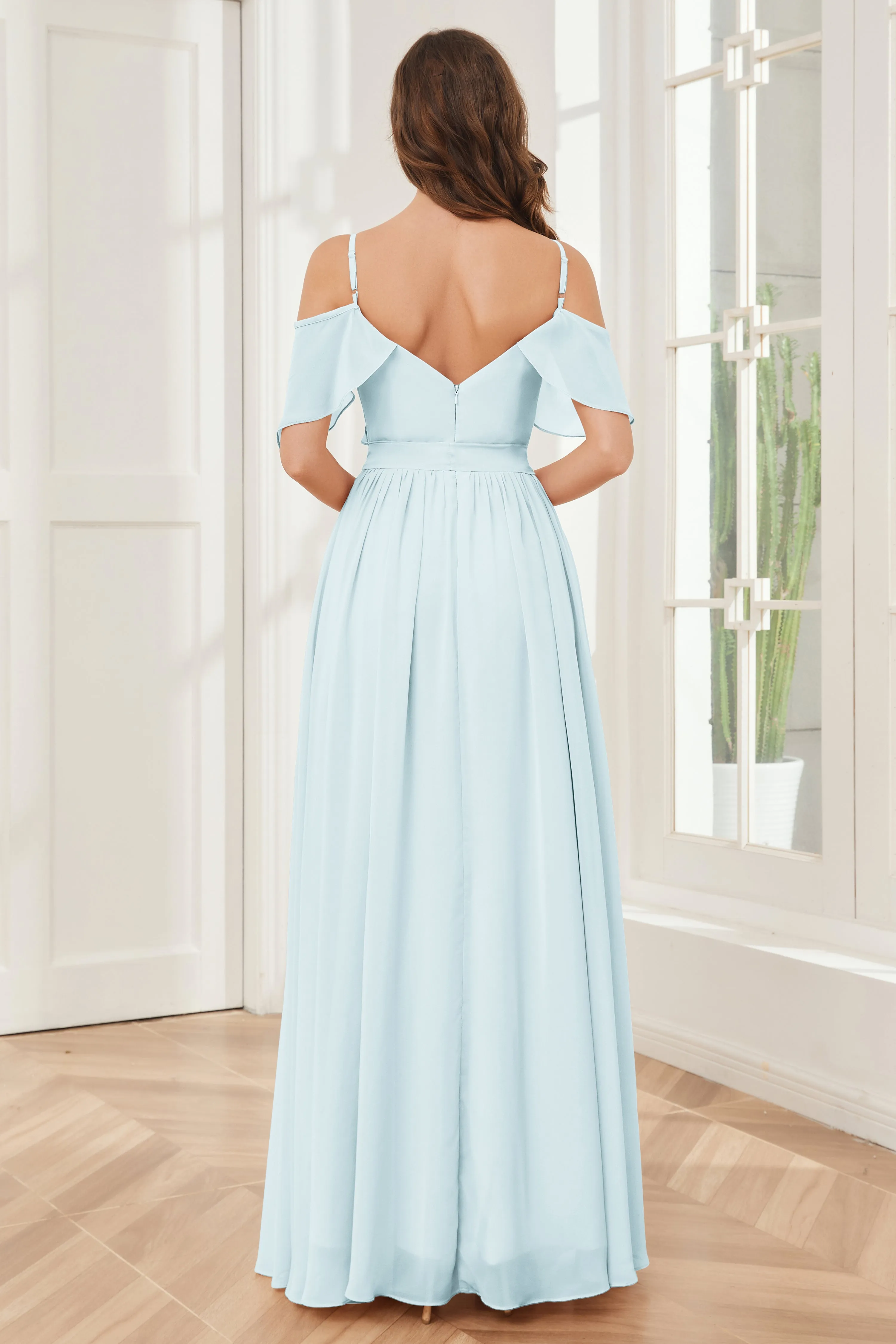 Off the Shoulder Ruffles Chiffon Bridesmaid Dresses with Slit