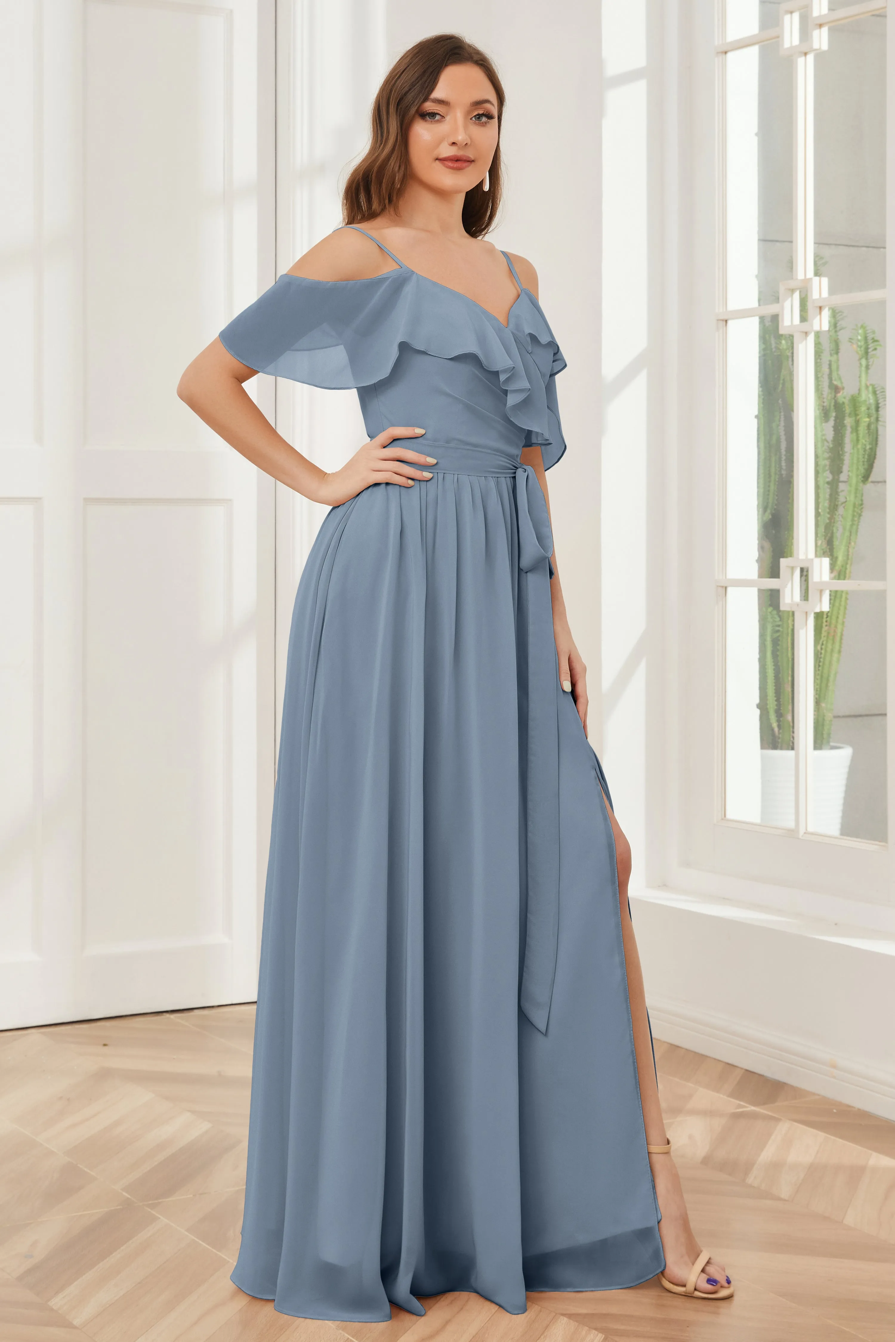 Off the Shoulder Ruffles Chiffon Bridesmaid Dresses with Slit