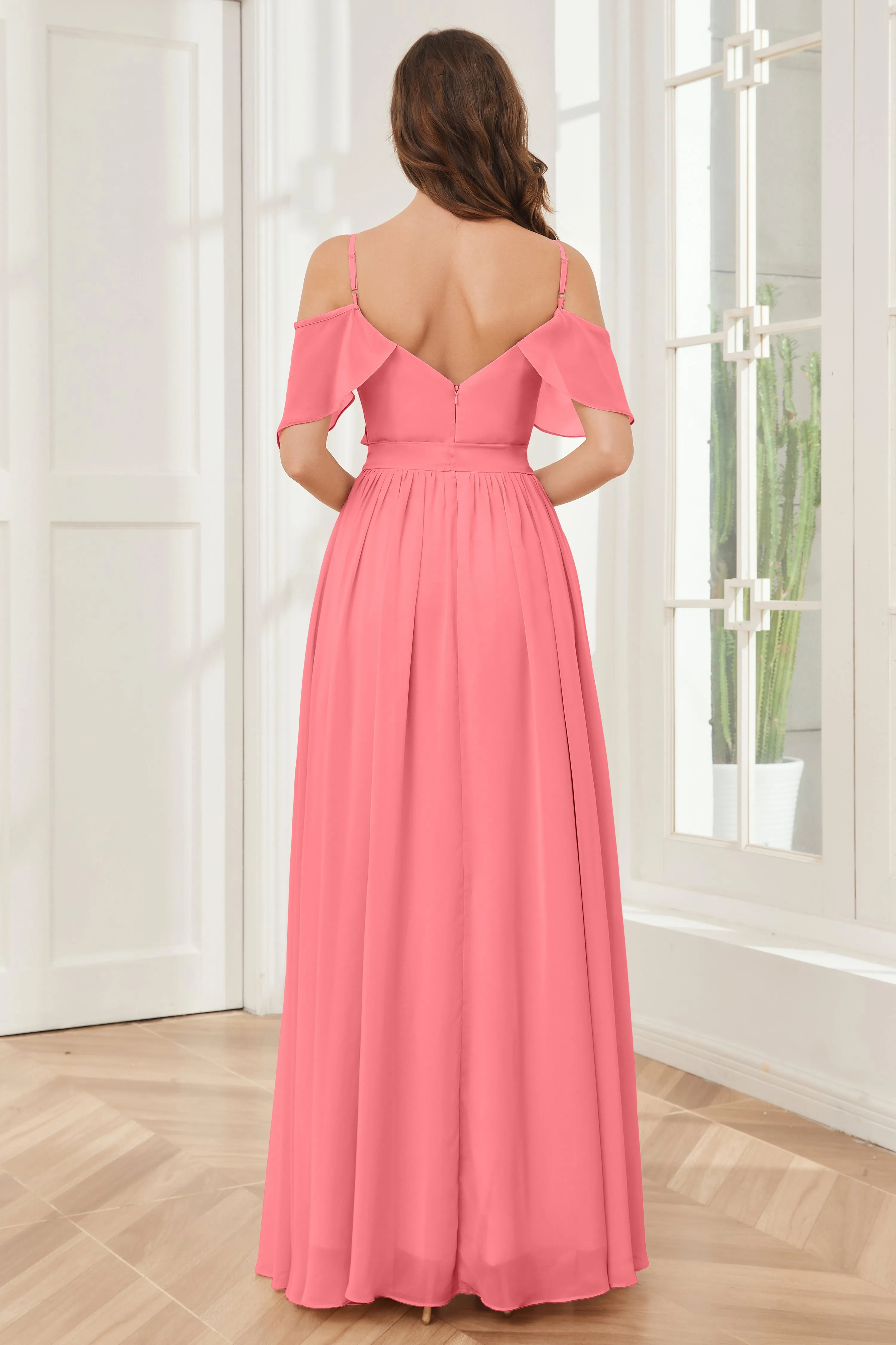 Off the Shoulder Ruffles Chiffon Bridesmaid Dresses with Slit